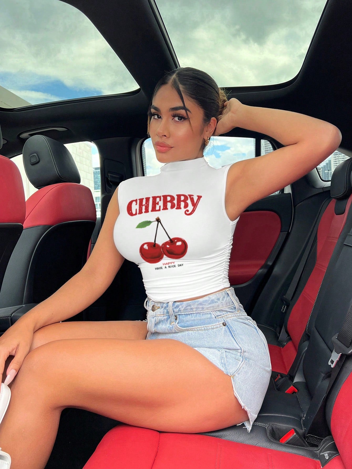 Women's Casual Asymmetric Cherry Graphic T-Shirt