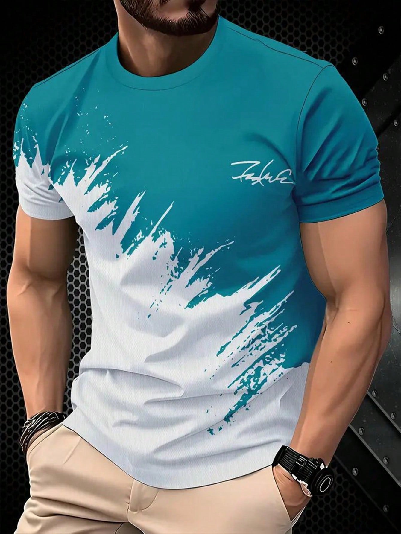Men's 3D Print Contrast Pattern Round Neck T-Shirt