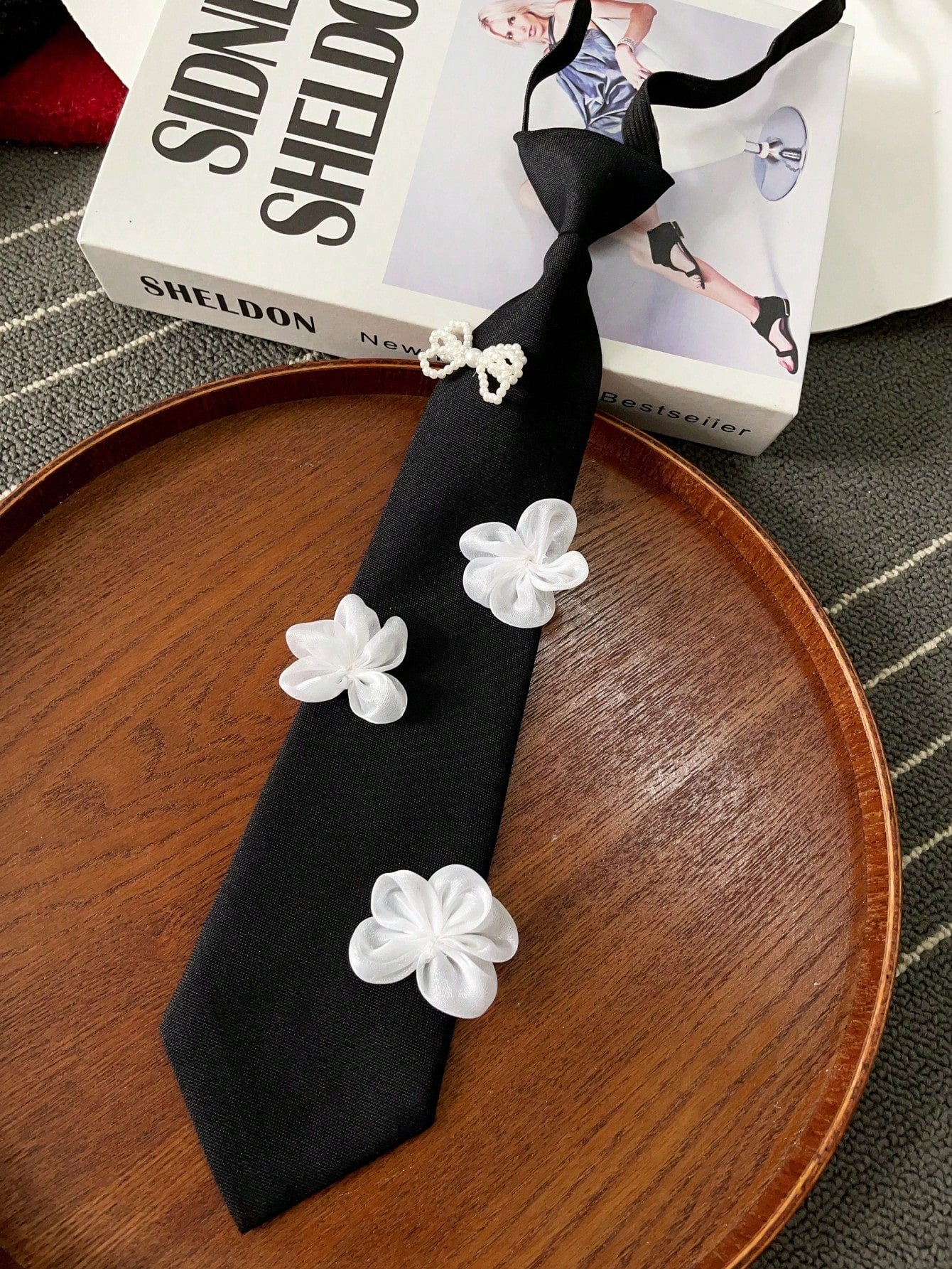 Women's Floral Faux Pearl Decor Bowknot Necktie