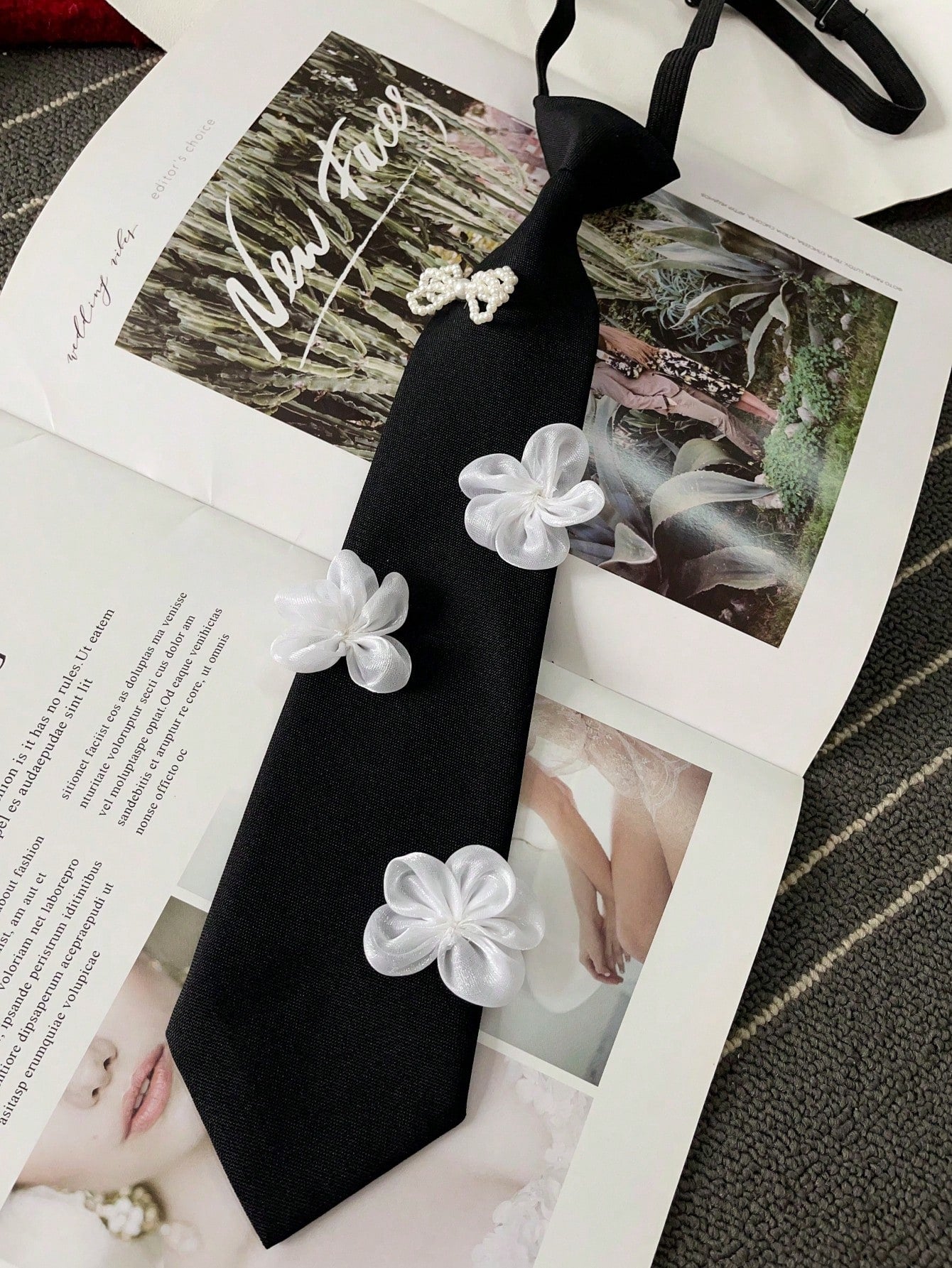 Women's Floral Faux Pearl Decor Bowknot Necktie