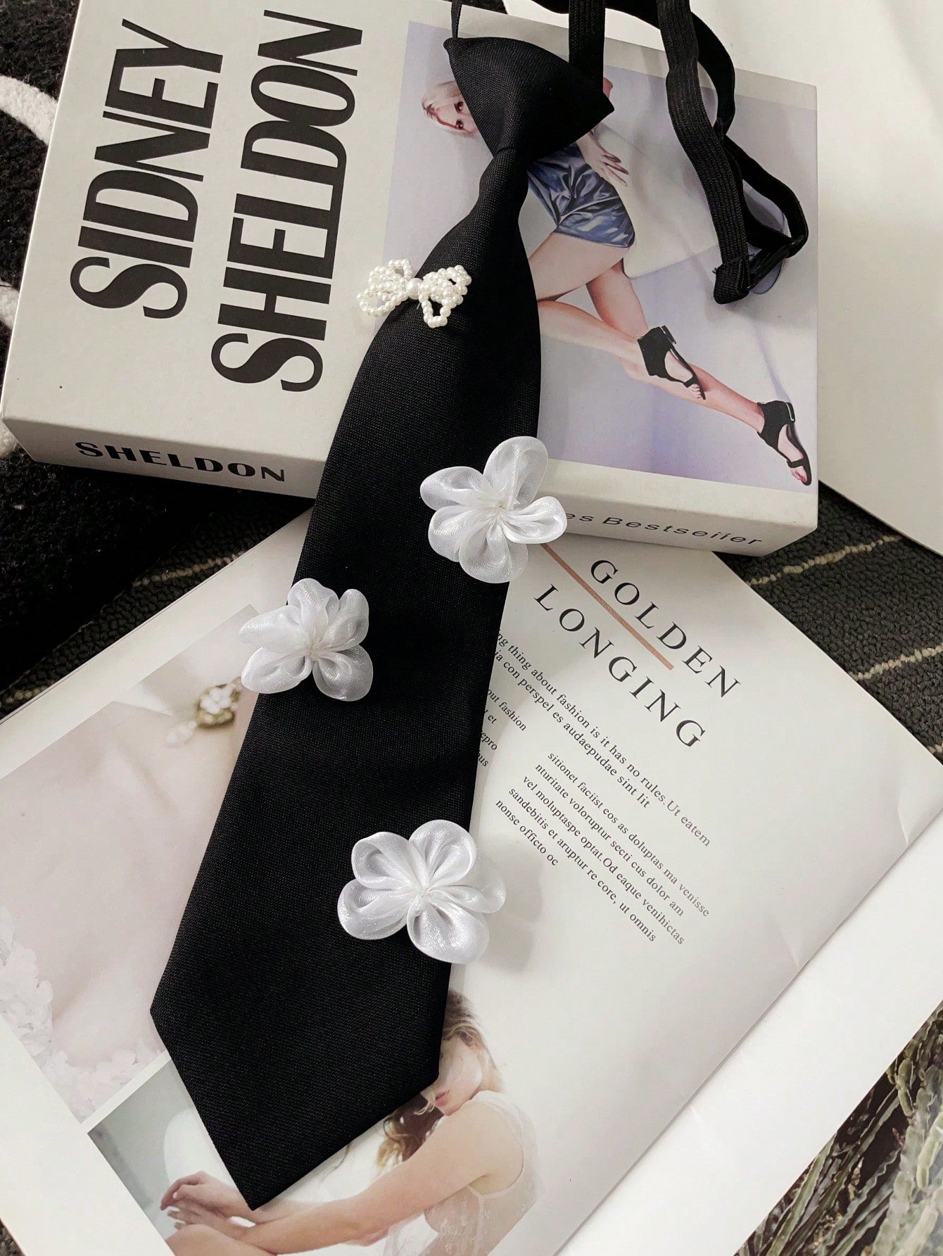 Women's Floral Faux Pearl Decor Bowknot Necktie