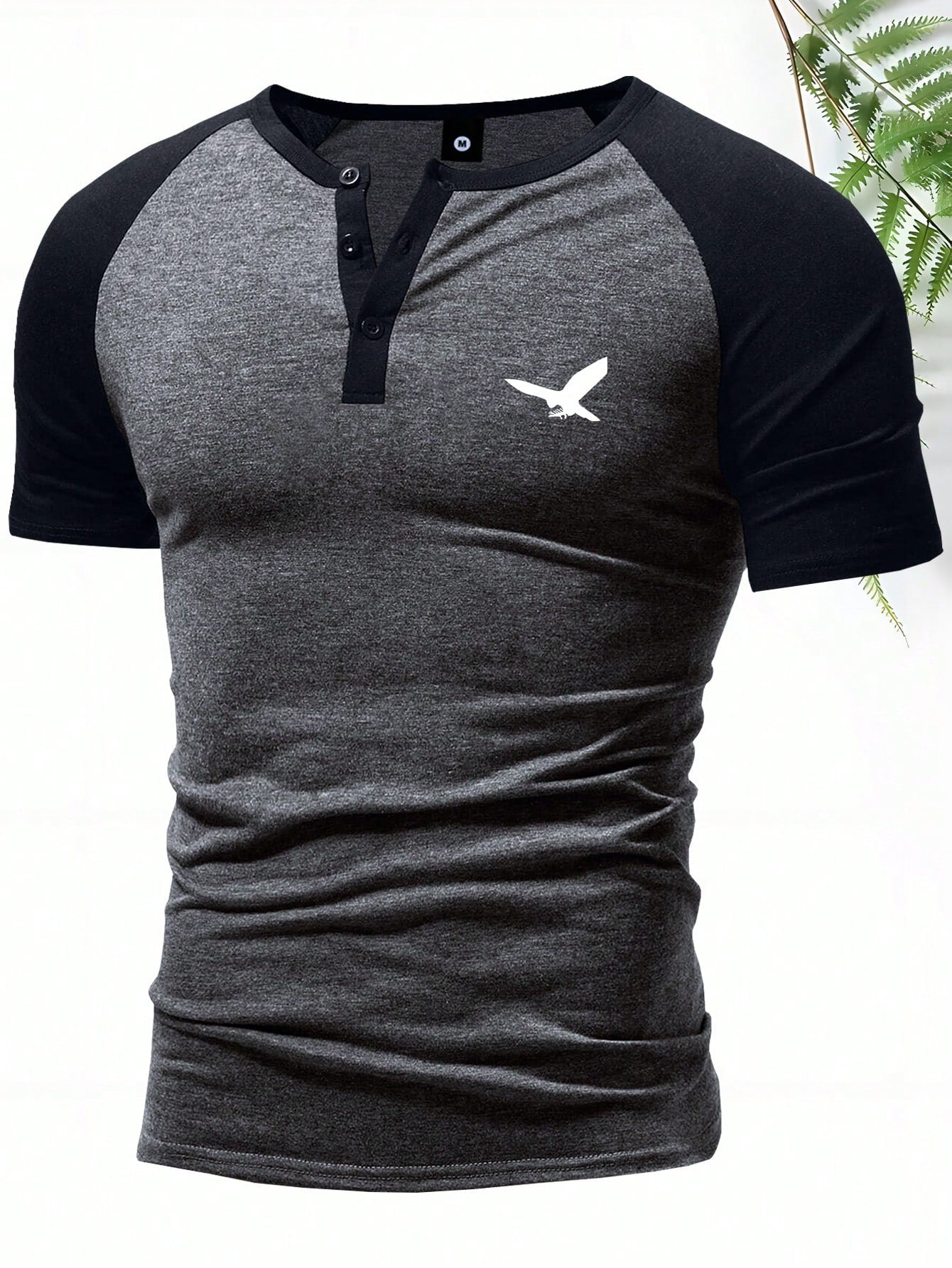 Men's Casual Graphic Print Henley Neck Short Sleeve T-Shirt Grey