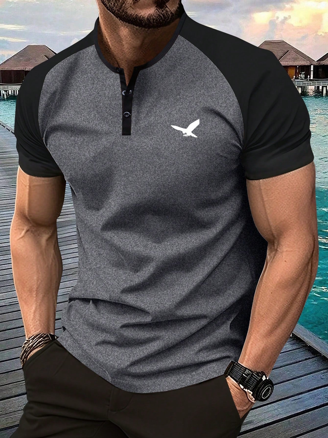 Men's Casual Graphic Print Henley Neck Short Sleeve T-Shirt Grey
