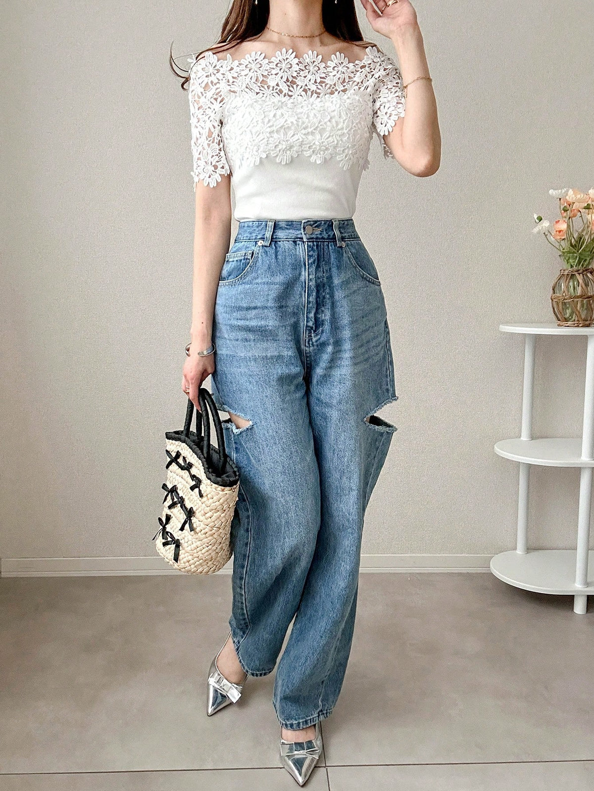 Women's Floral Lace Off-Shoulder Elegant T-Shirt