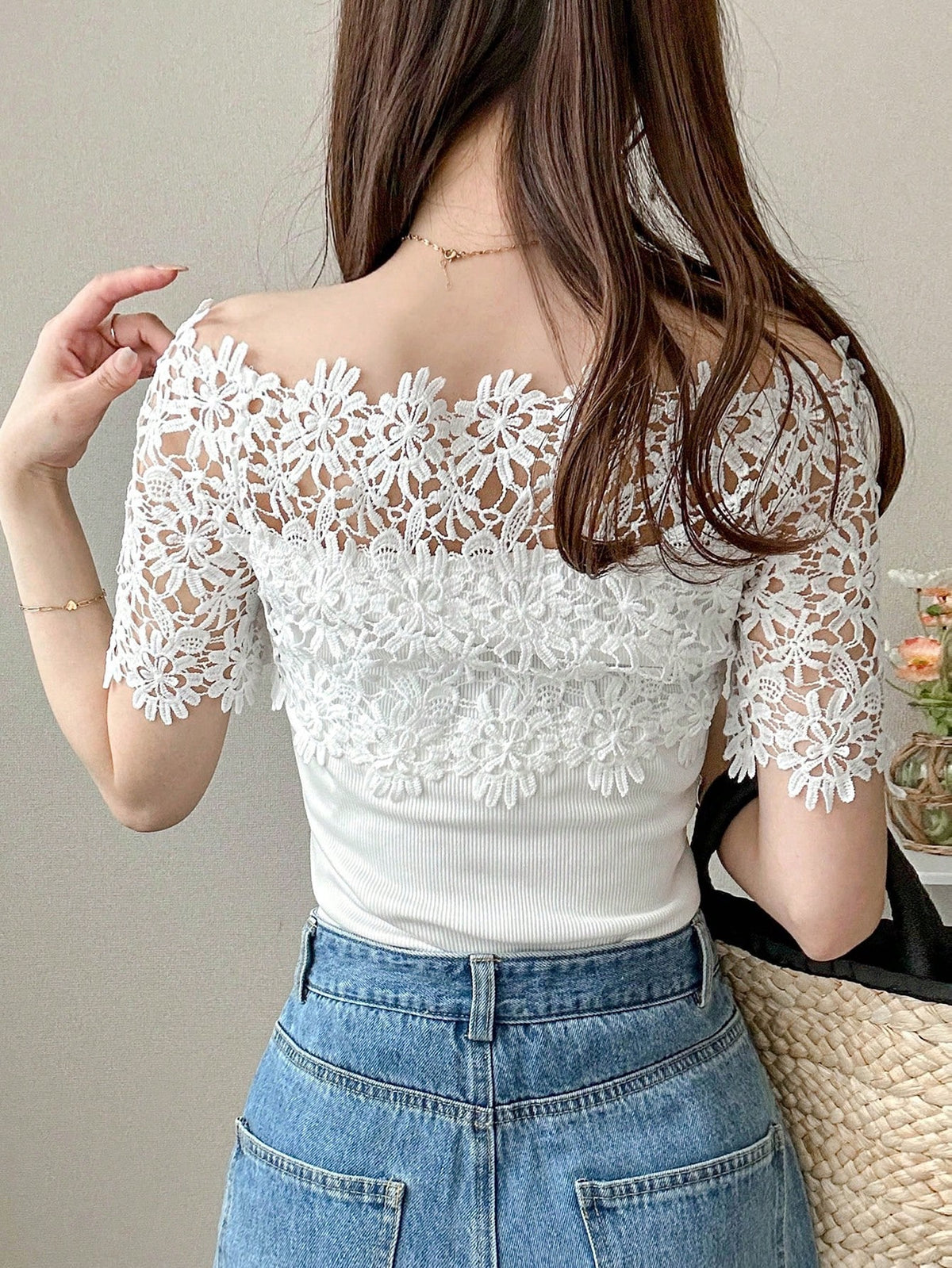 Women's Floral Lace Off-Shoulder Elegant T-Shirt