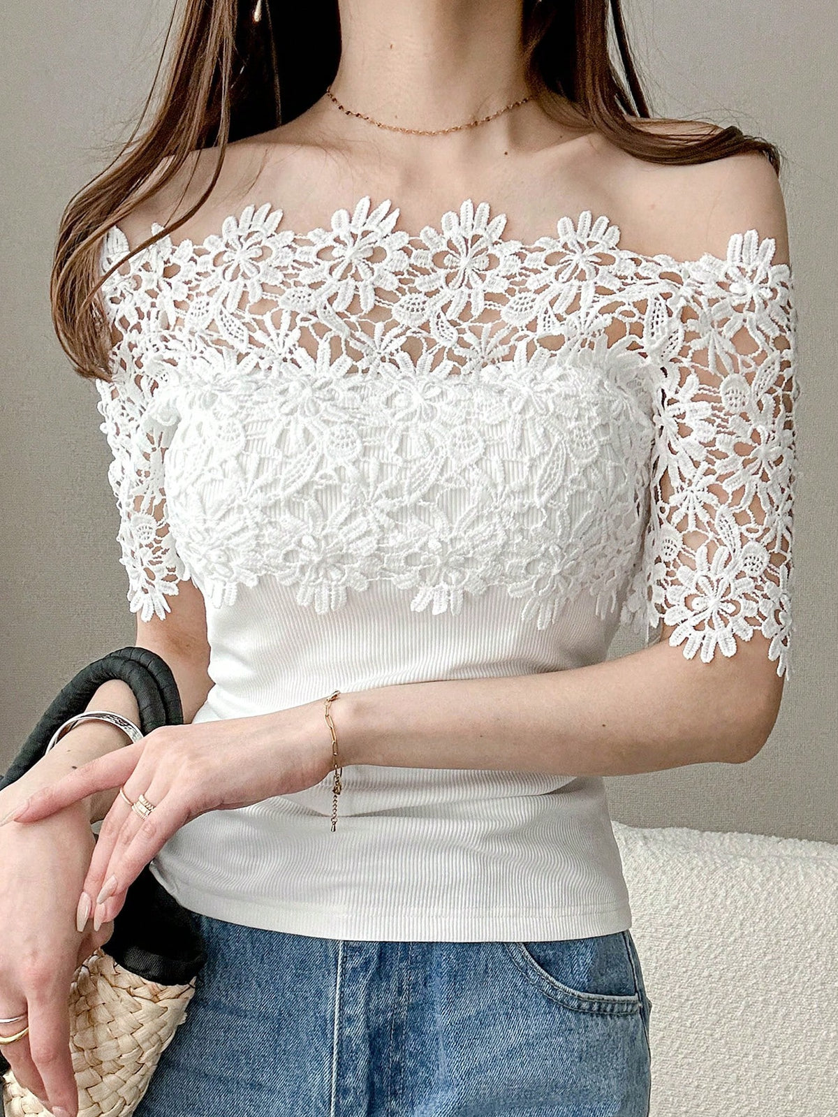 Women's Floral Lace Off-Shoulder Elegant T-Shirt