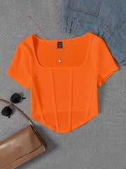 Women's Plus Size Square Neck Ribbed Short Sleeve Crop Top