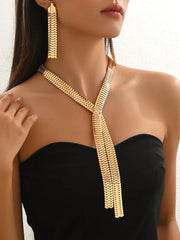 Women's Elegant Gold Y-Shaped Fringe Necklace and Earring Set