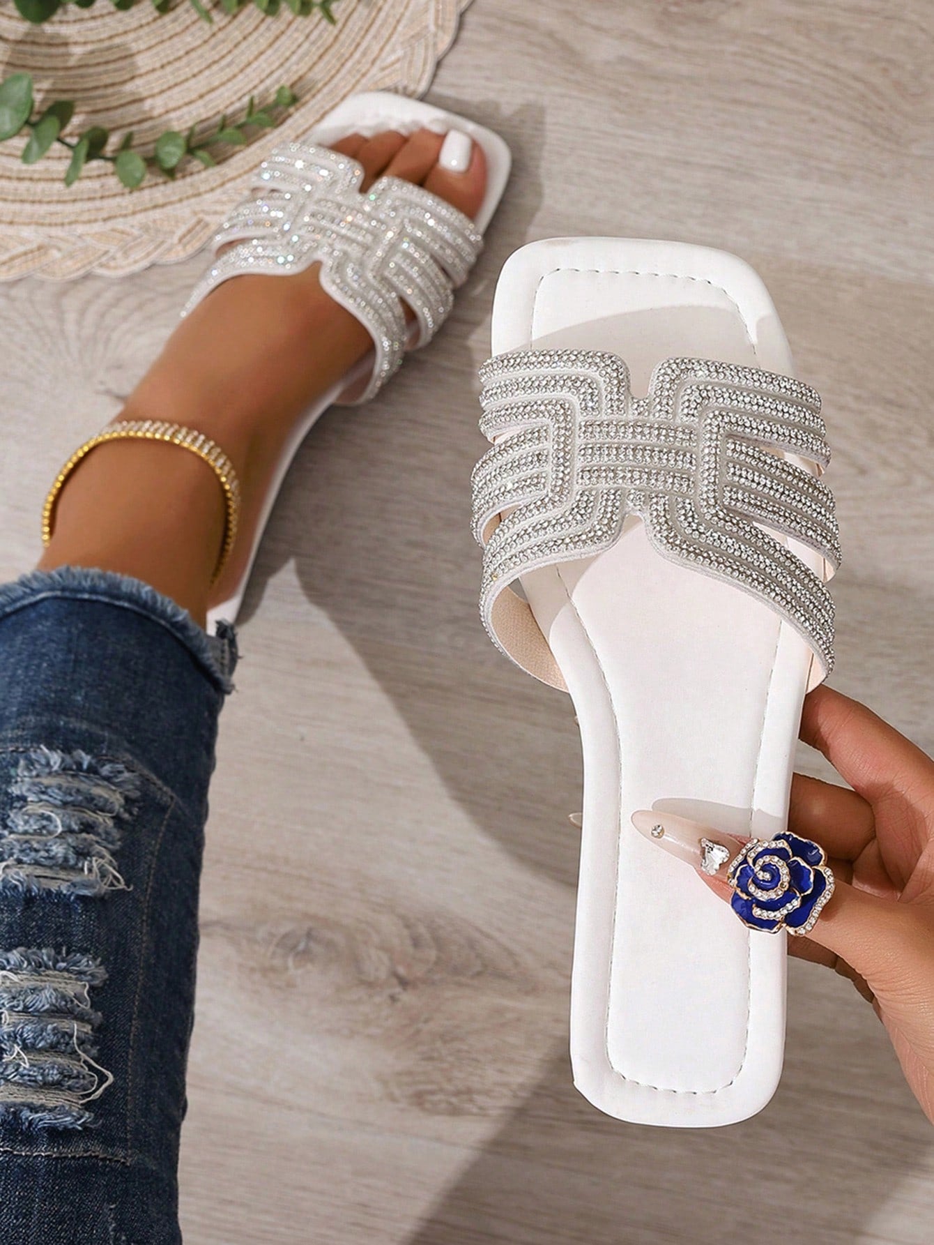 Women's Rhinestone Sparkle Flat Slip-On Slide Sandals