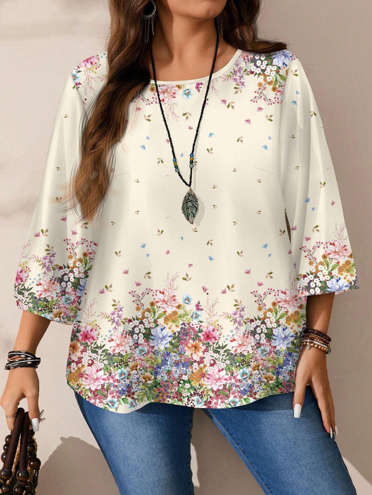 EMERY ROSE Women's Plus Size Allover Print 3/4 Sleeve Blouse