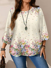 EMERY ROSE Women's Plus Size Allover Print 3/4 Sleeve Blouse