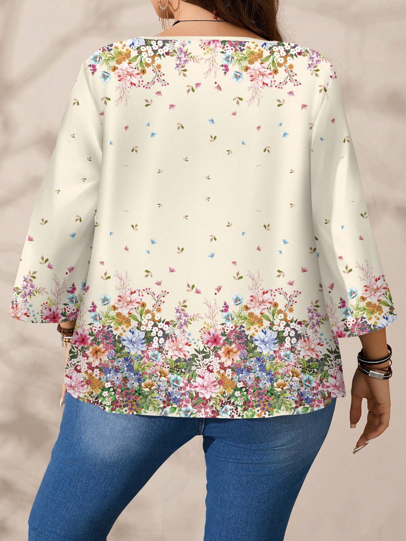 EMERY ROSE Women's Plus Size Allover Print 3/4 Sleeve Blouse