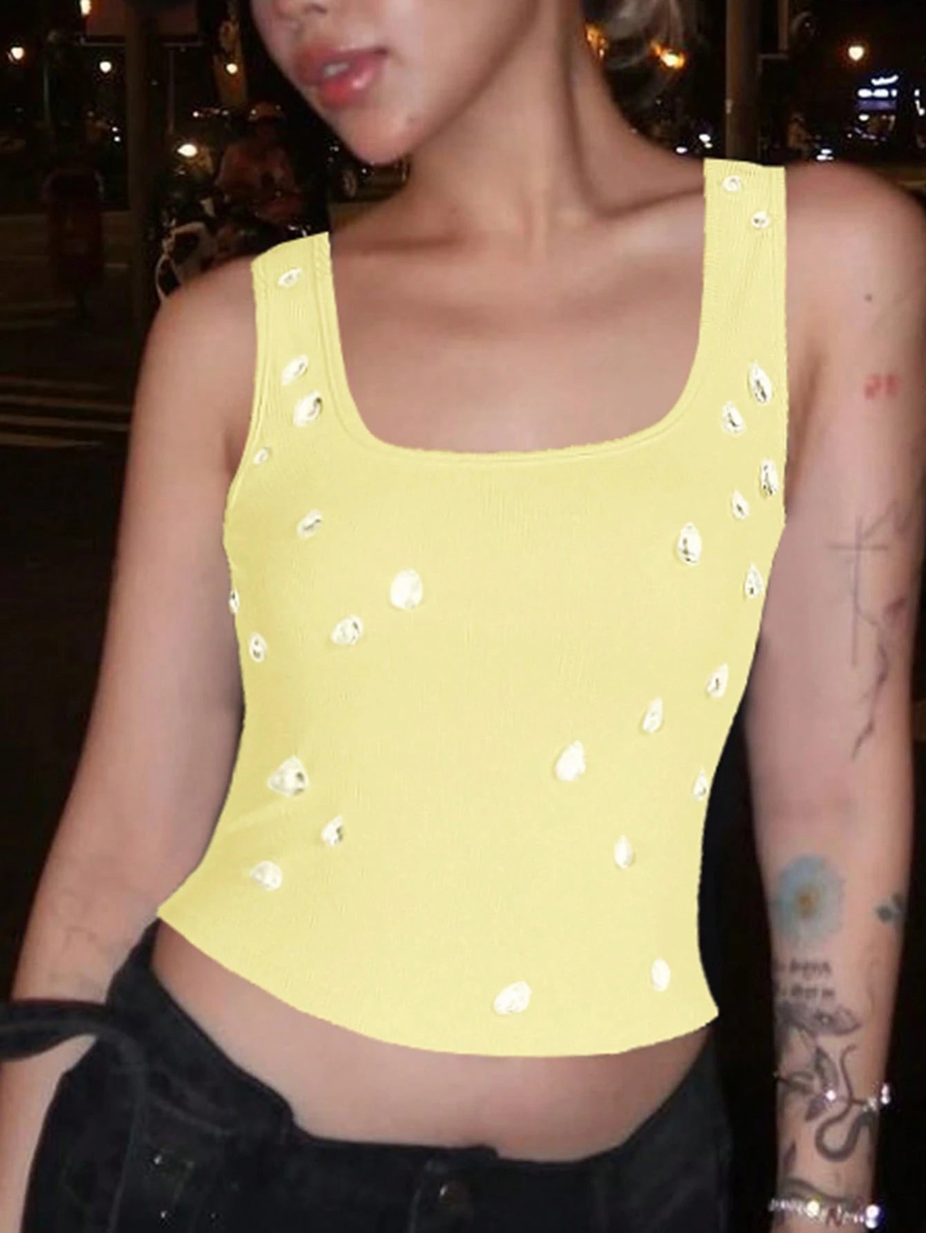 Women's Sexy Tight-Fitting Crop Top Diamond Teardrop Decor Yellow