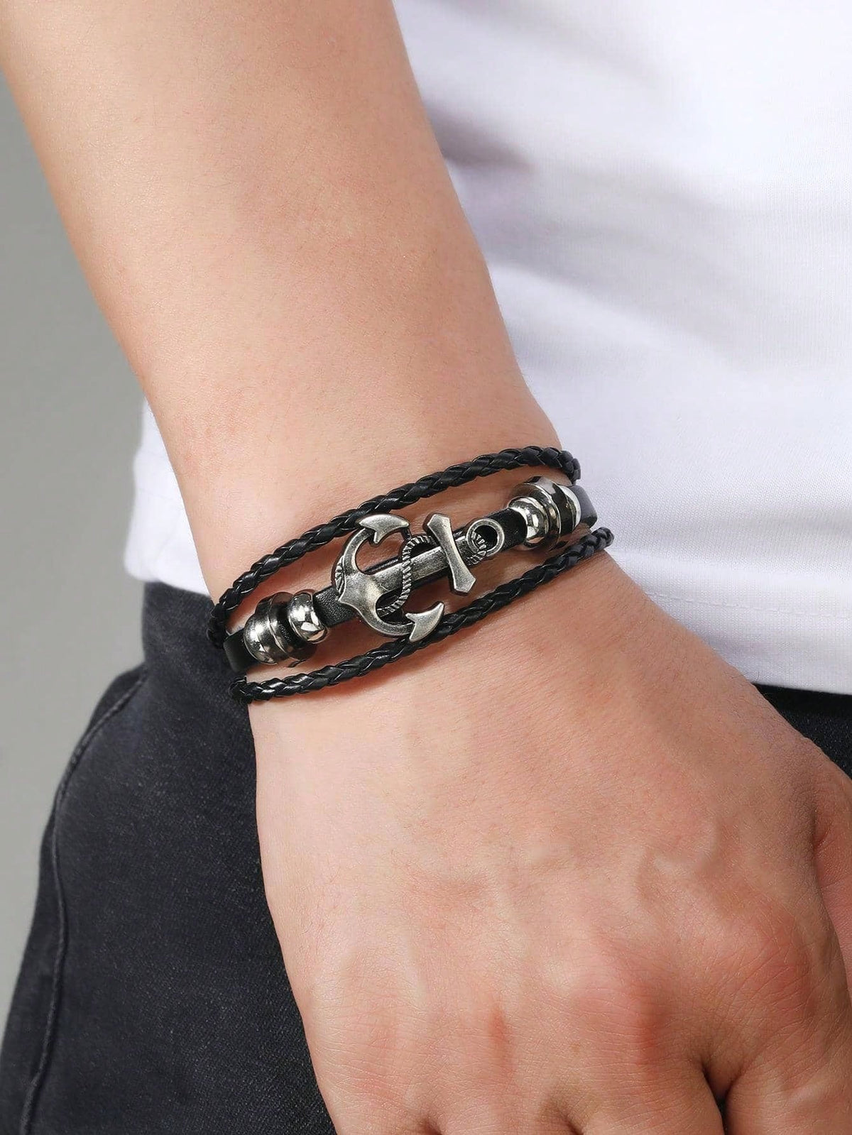 Men's Punk Leather Beaded Metal Anchor Charm Bracelet