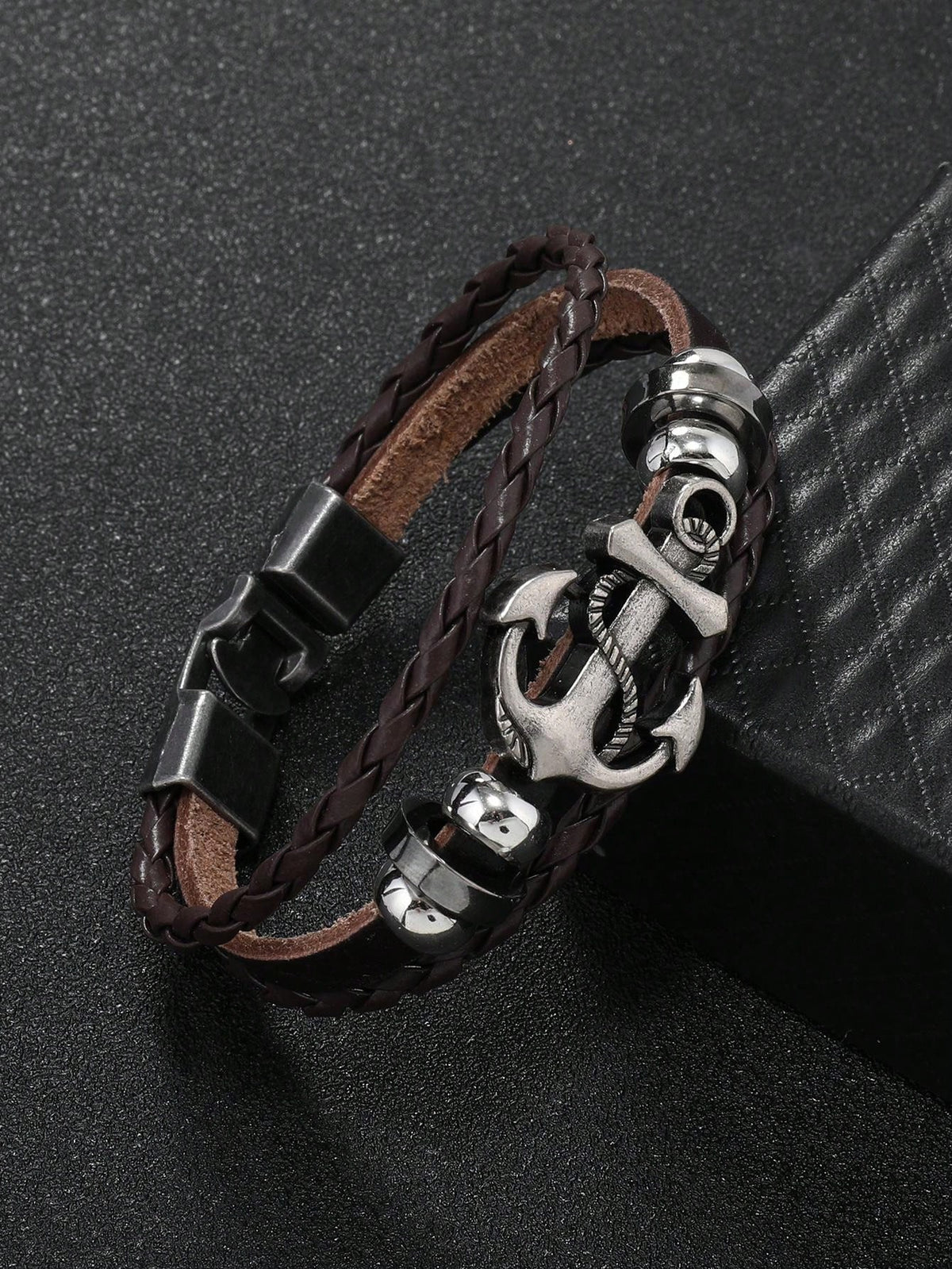 Men's Punk Leather Beaded Metal Anchor Charm Bracelet