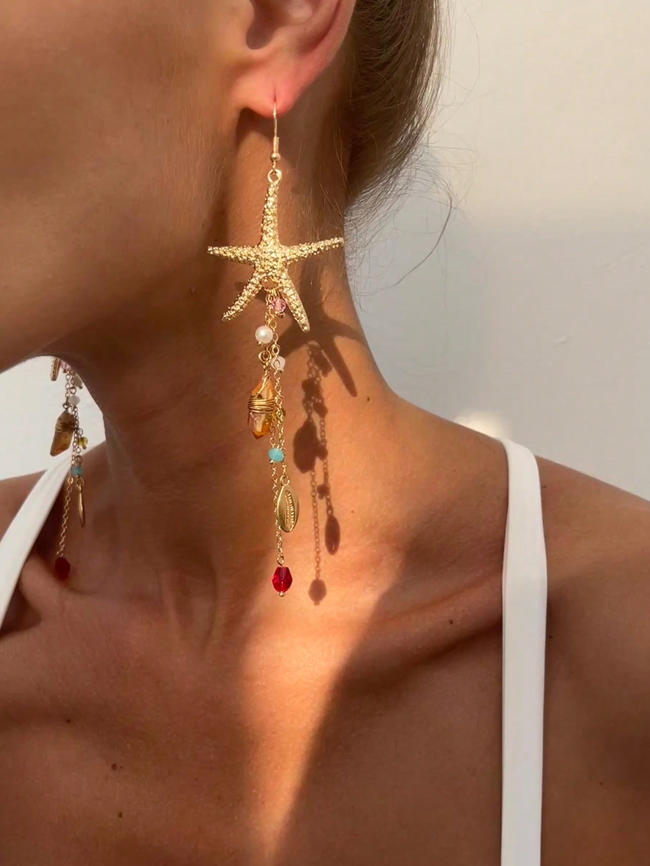 Women's Bohemian Ocean Starfish Asymmetrical Crystal Beaded Drop Earrings