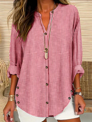 Women's Striped V-Neck Single-Breasted Casual Loose Shirt