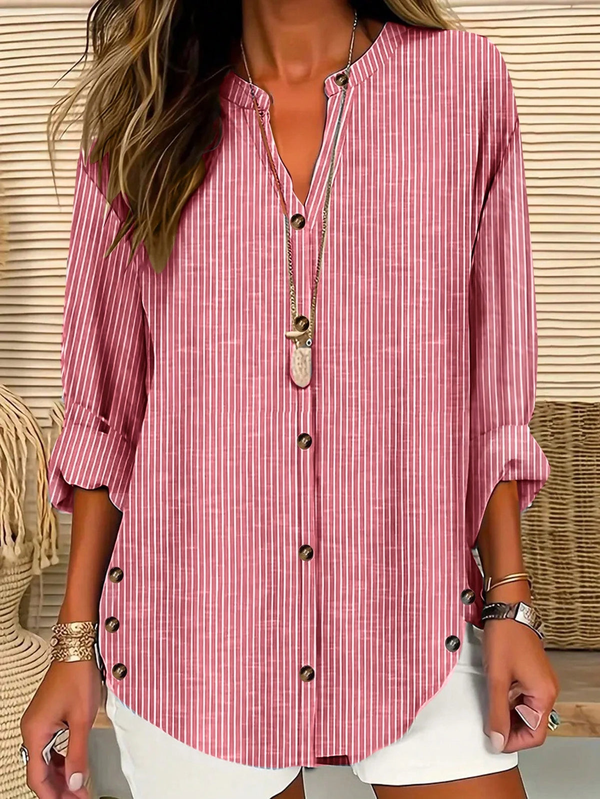 Women's Striped V-Neck Single-Breasted Casual Loose Shirt