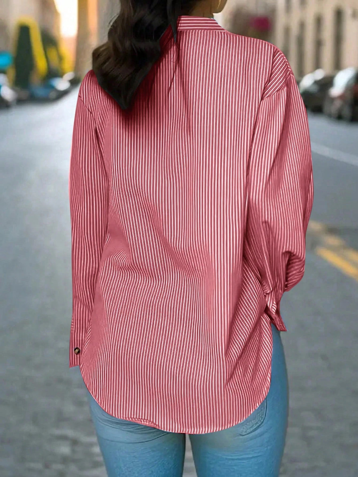 Women's Striped V-Neck Single-Breasted Casual Loose Shirt