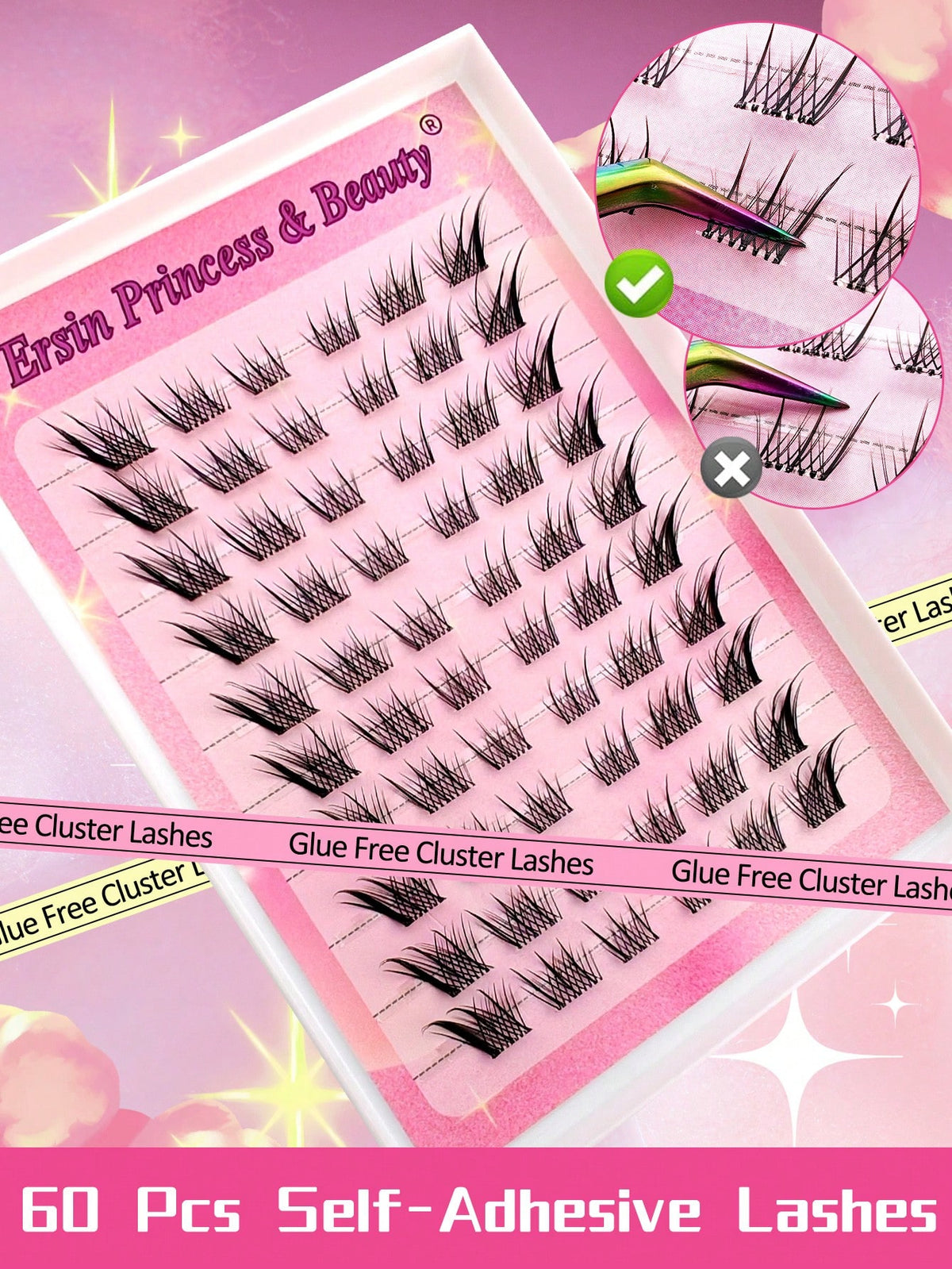Women's 60pcs C-Curl Self-Adhesive Fluffy Eyelash Cluster Set