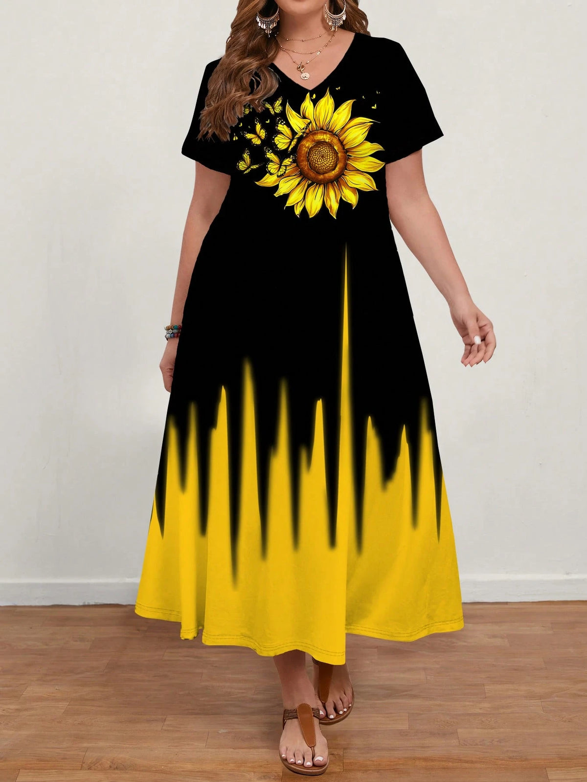 Women's Plus Size Sunflower V-Neck Short Sleeve Casual Midi Dress