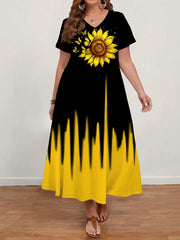 Women's Plus Size Sunflower V-Neck Short Sleeve Casual Midi Dress