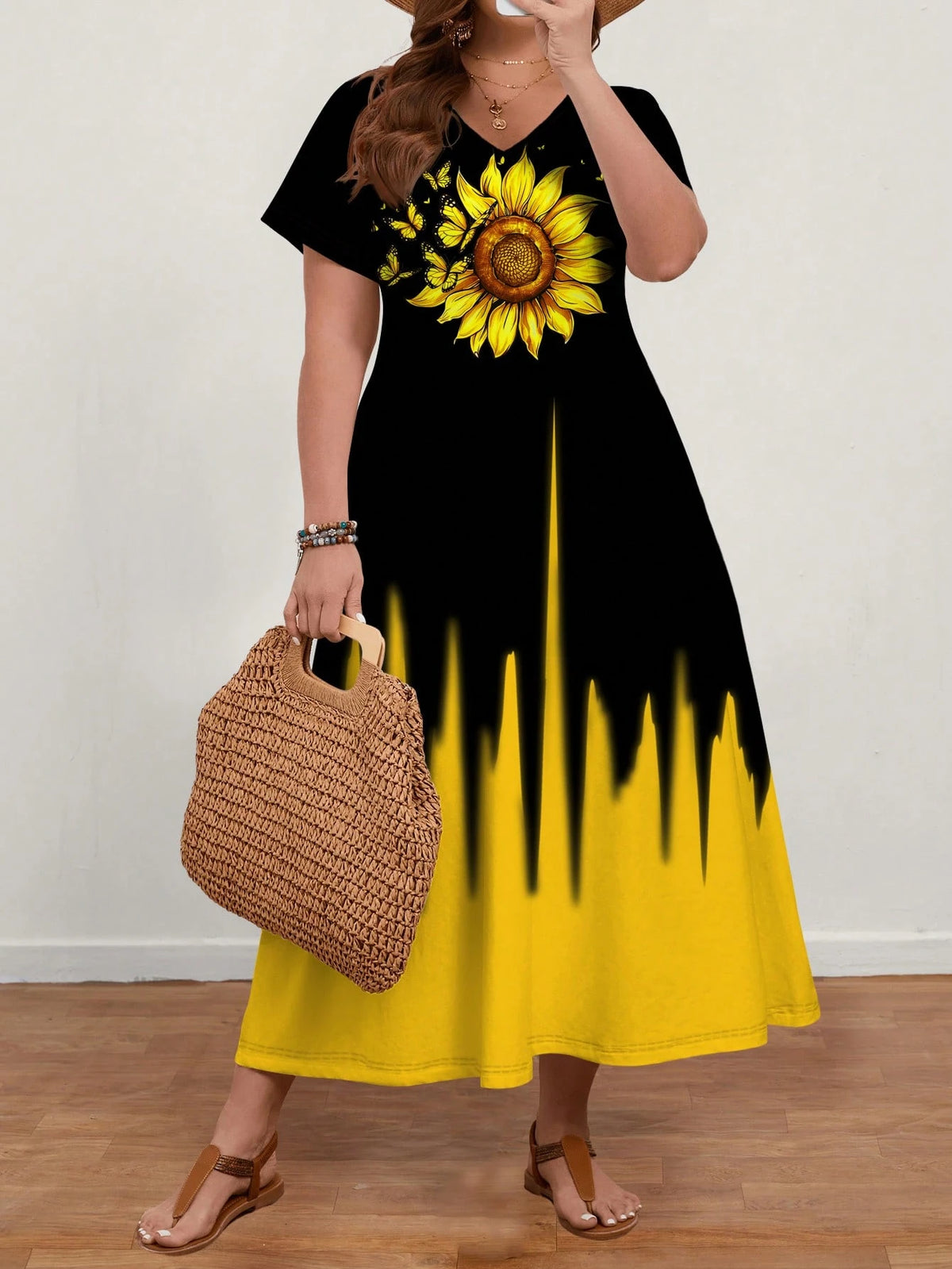 Women's Plus Size Sunflower V-Neck Short Sleeve Casual Midi Dress
