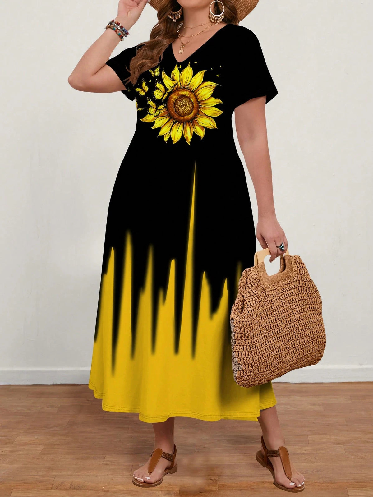 Women's Plus Size Sunflower V-Neck Short Sleeve Casual Midi Dress