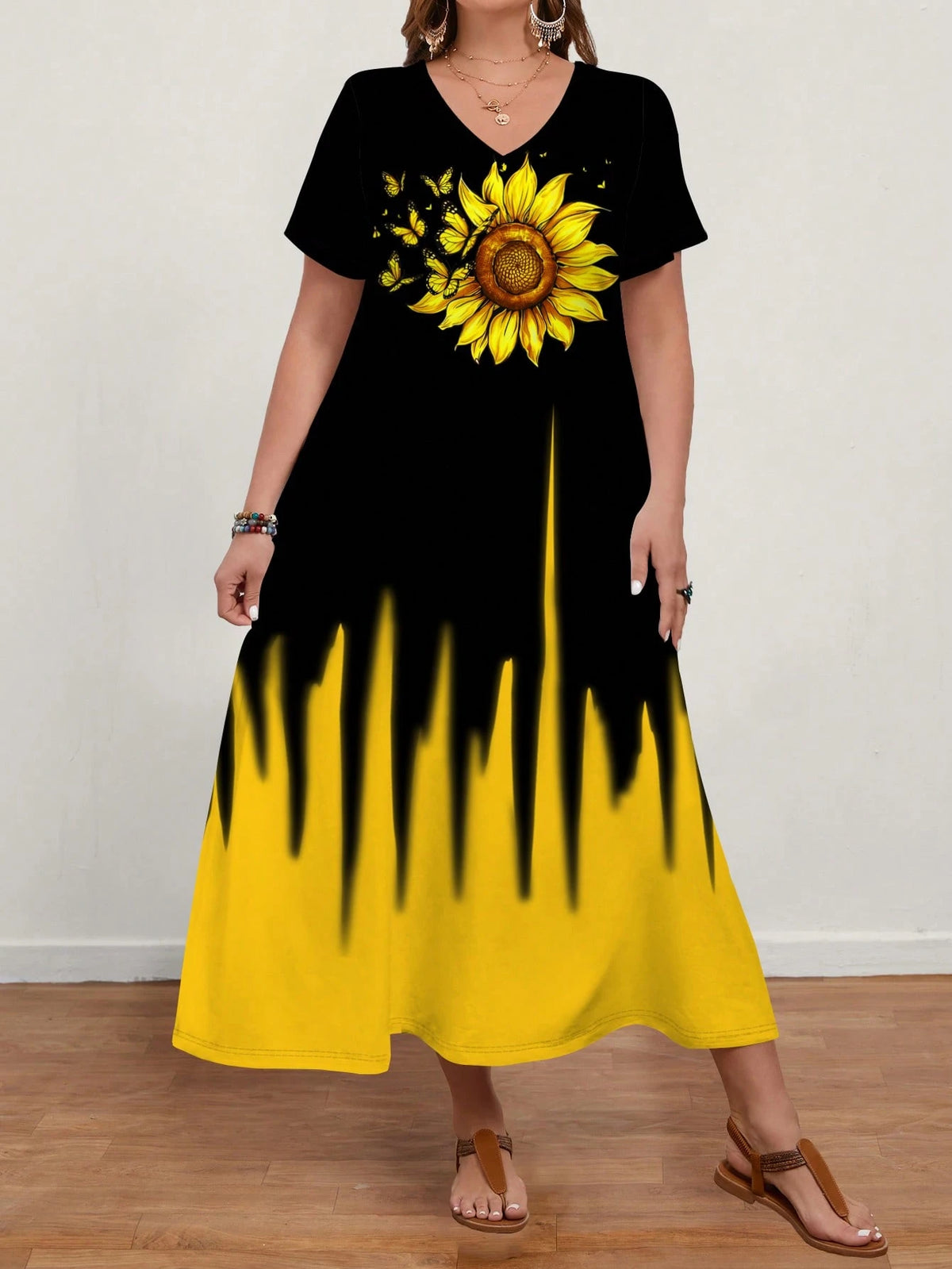 Women's Plus Size Sunflower V-Neck Short Sleeve Casual Midi Dress