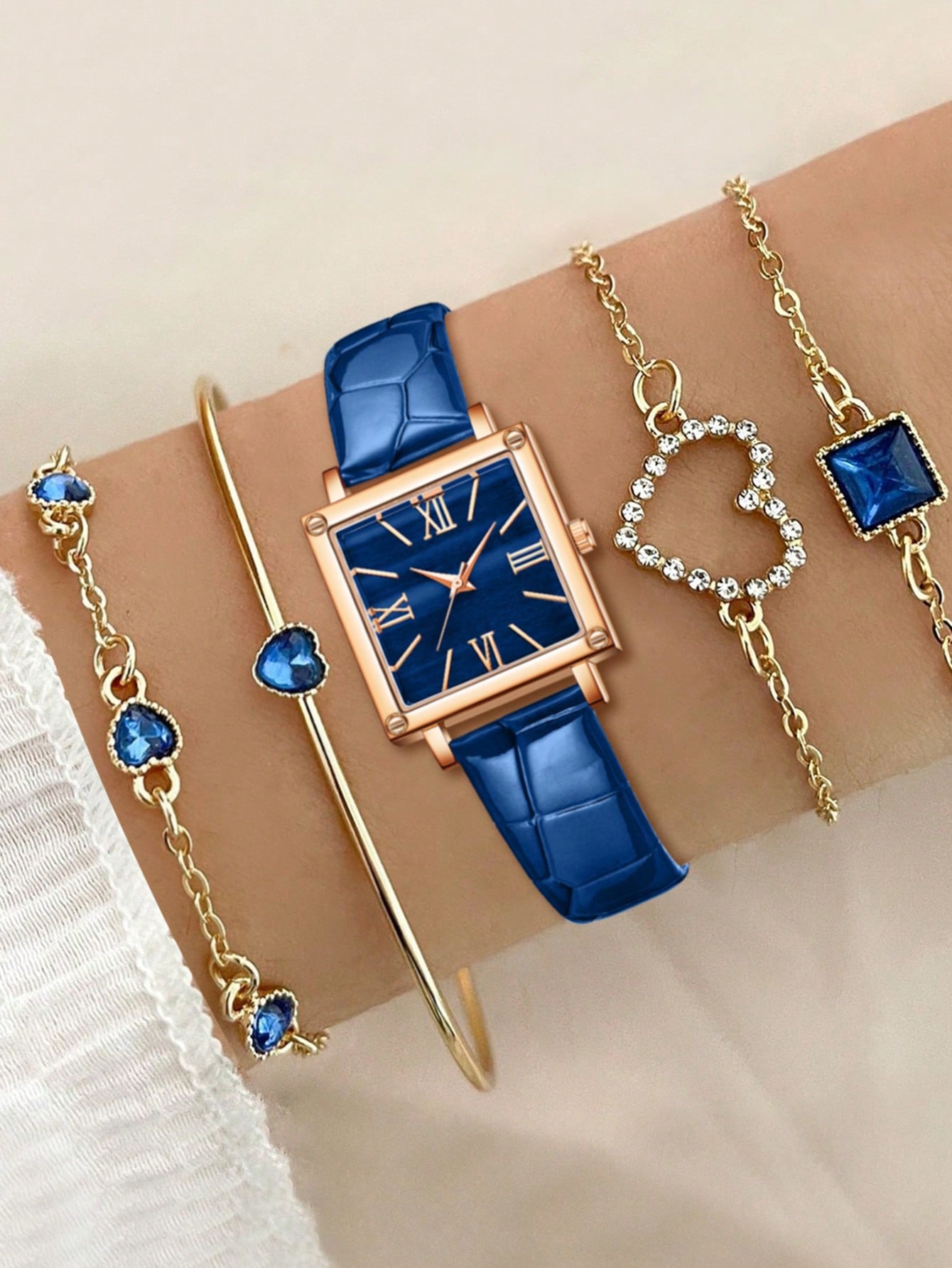Ladies' 5-Piece Retro Square Dial Quartz Watch Bracelet Set