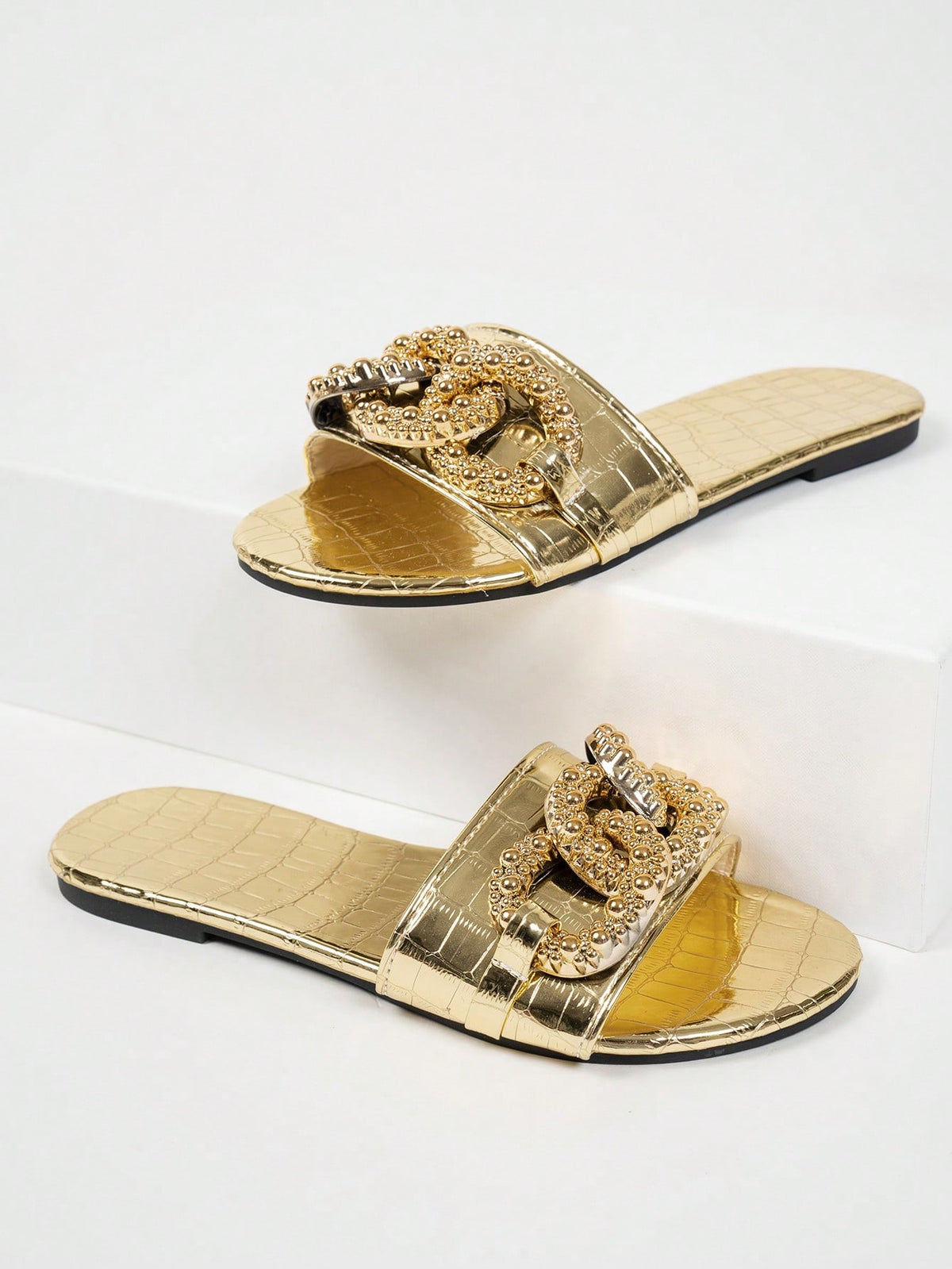 Women's Fashion Open Toe Gold Chain Flat Slide Sandals