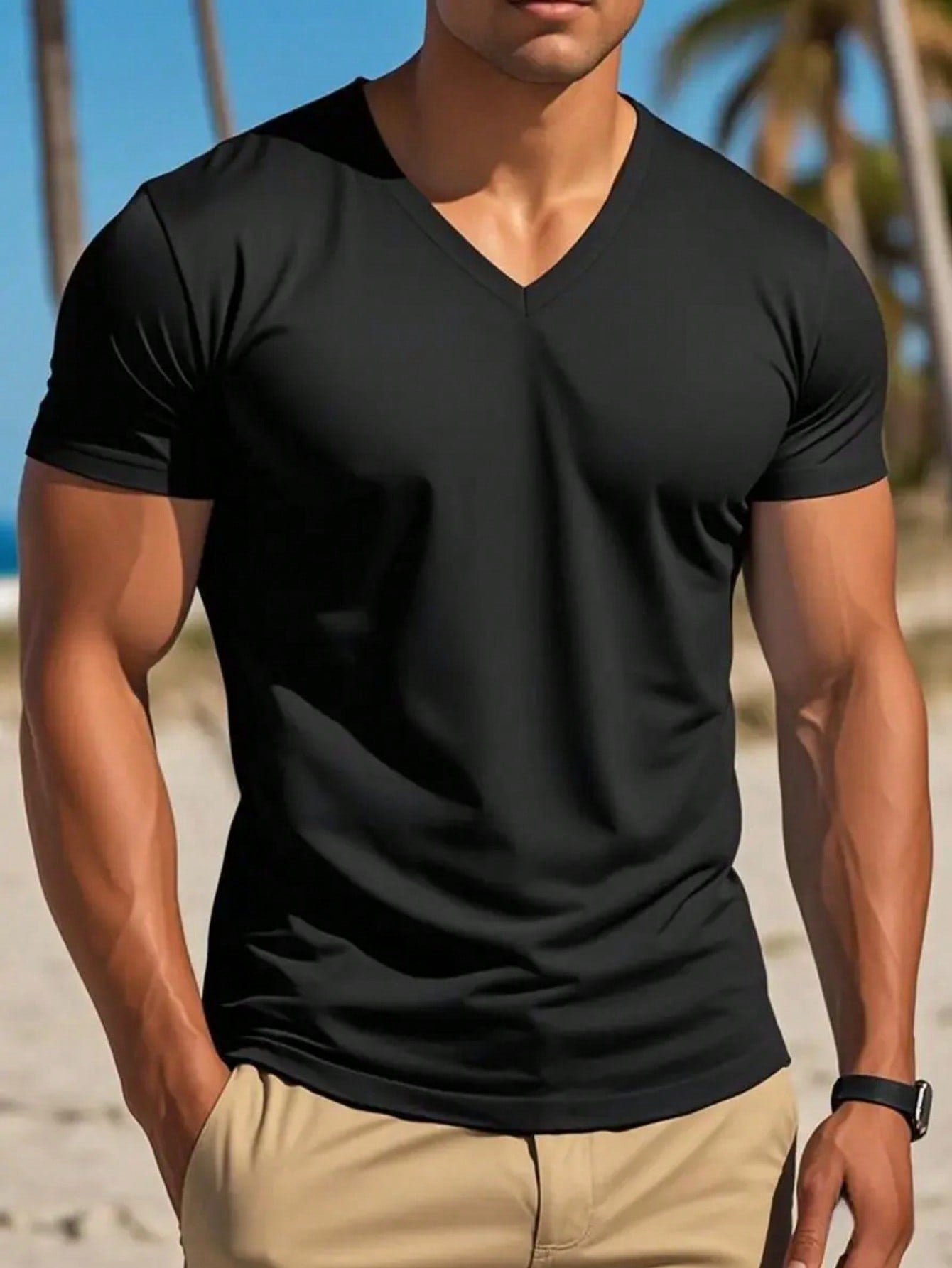 Men's Solid Color Casual V-Neck Short Sleeve T-Shirt Black