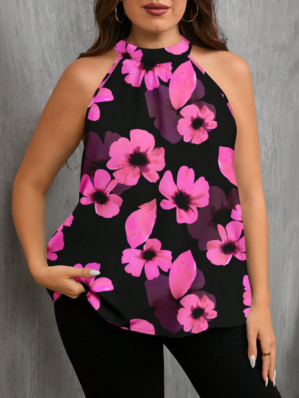 Women's Plus Size Bohemian Floral Halter Cold Shoulder Blouse
