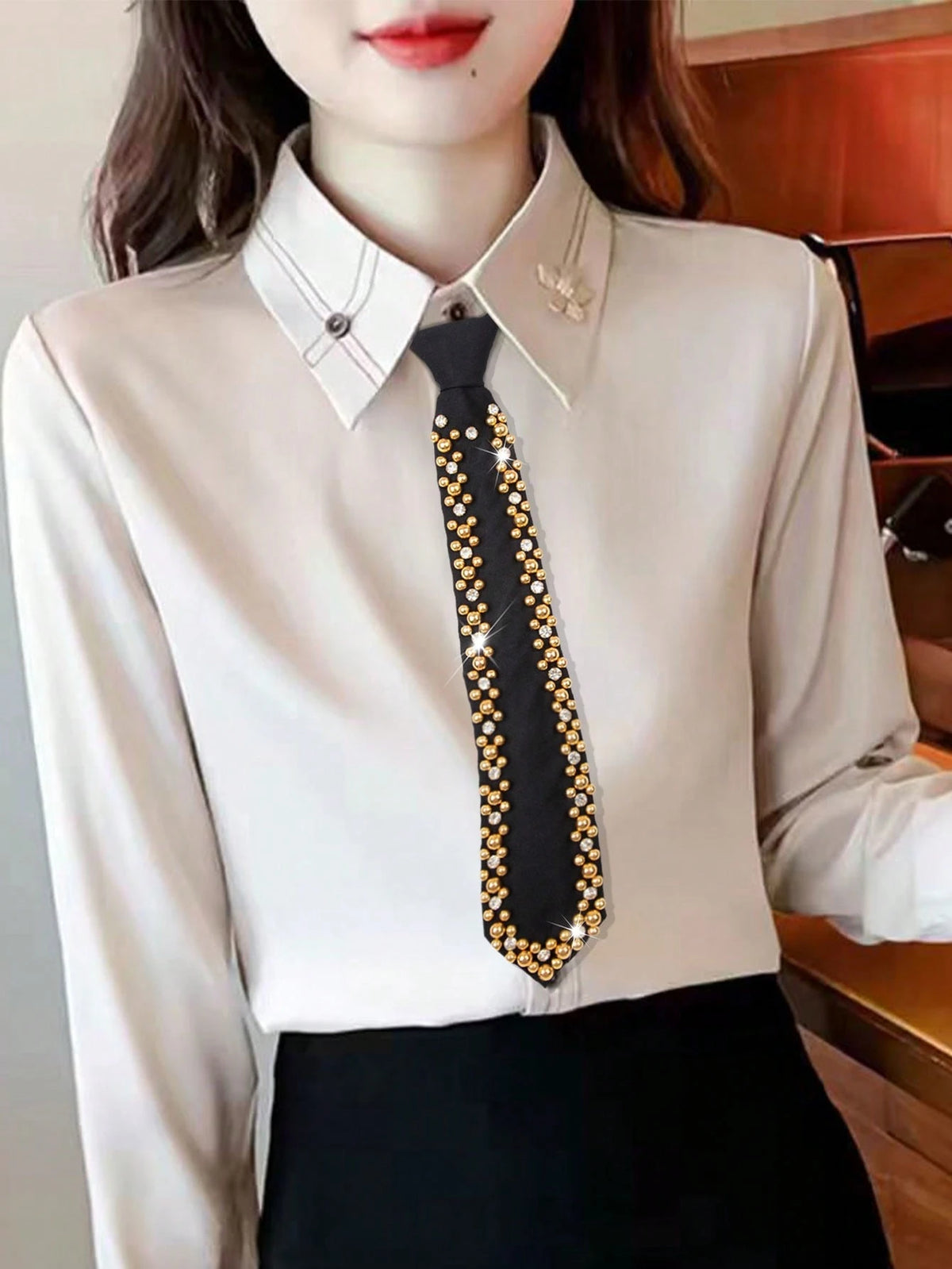 Women's Crystal Decor Beaded Bowtie Necktie