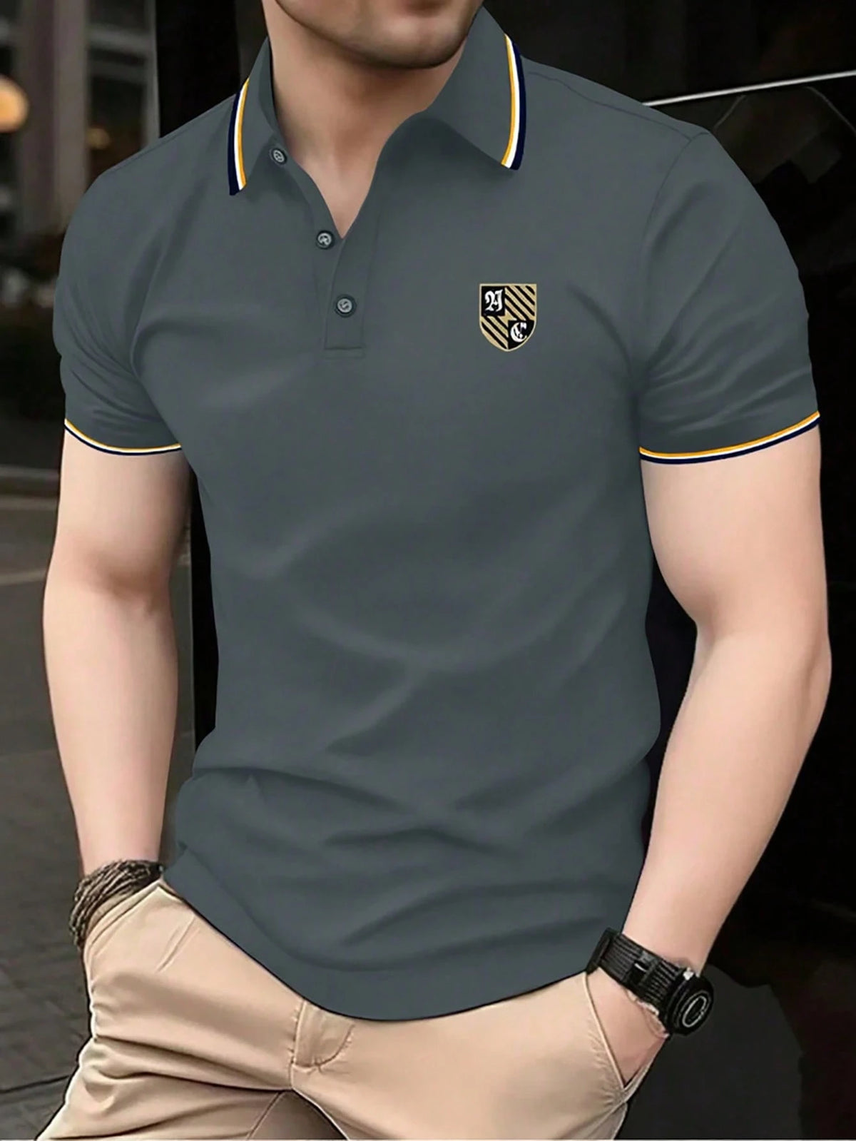 Men's Shield Print Short Sleeve Button Collar Polo Shirt