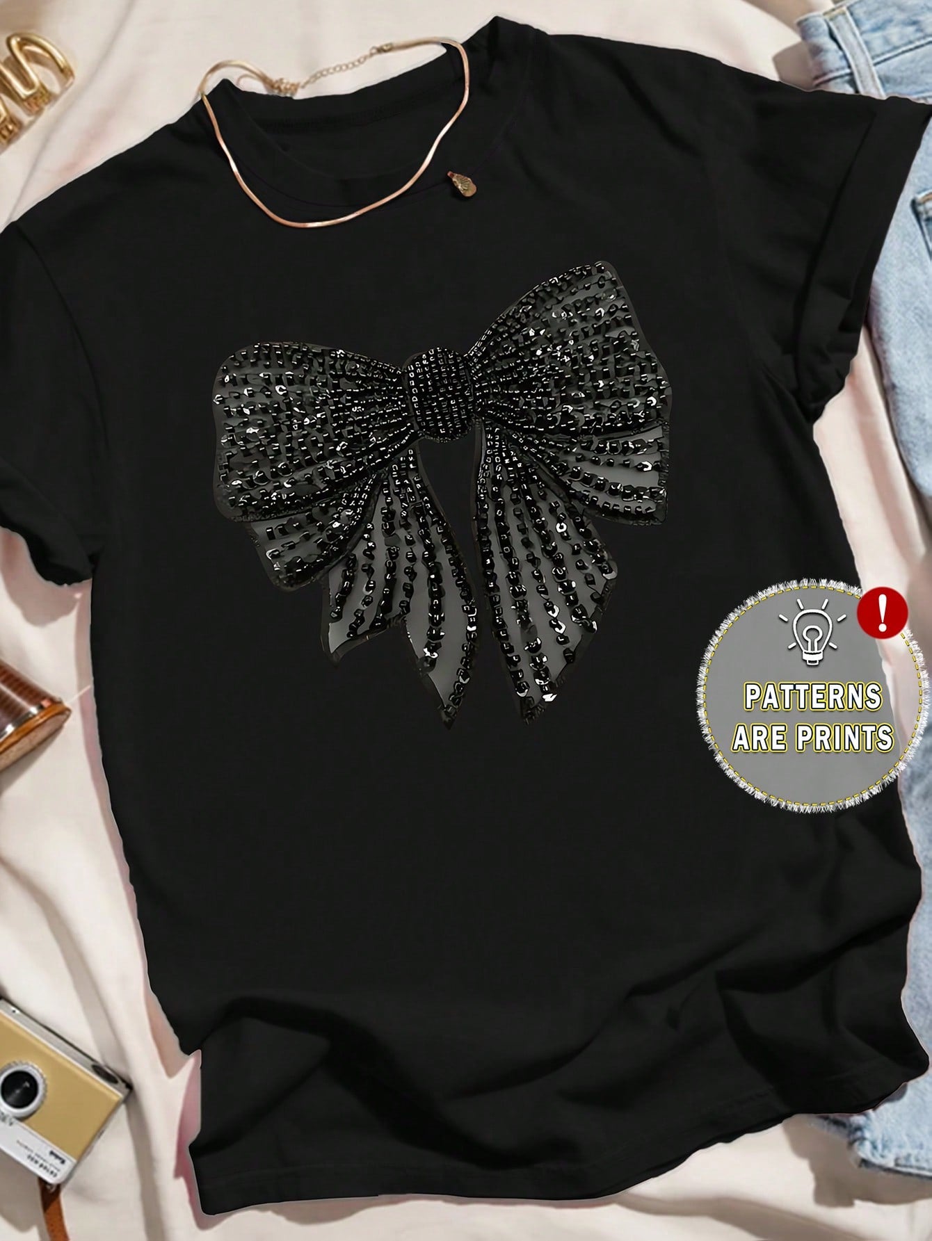 Stugaz Plus Size Women's Casual Bow Detail Round Neck T-Shirt