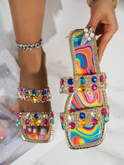 Women's Colorful Rhinestone Embellished Slip-On Flat Sandals