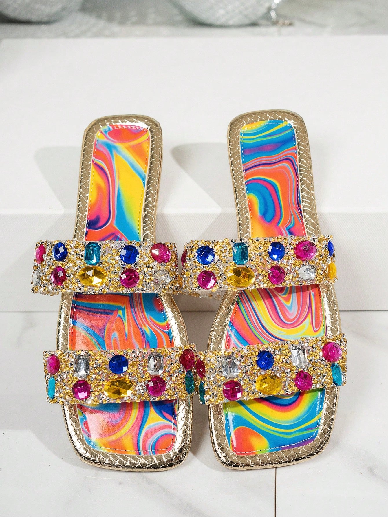 Women's Colorful Rhinestone Embellished Slip-On Flat Sandals