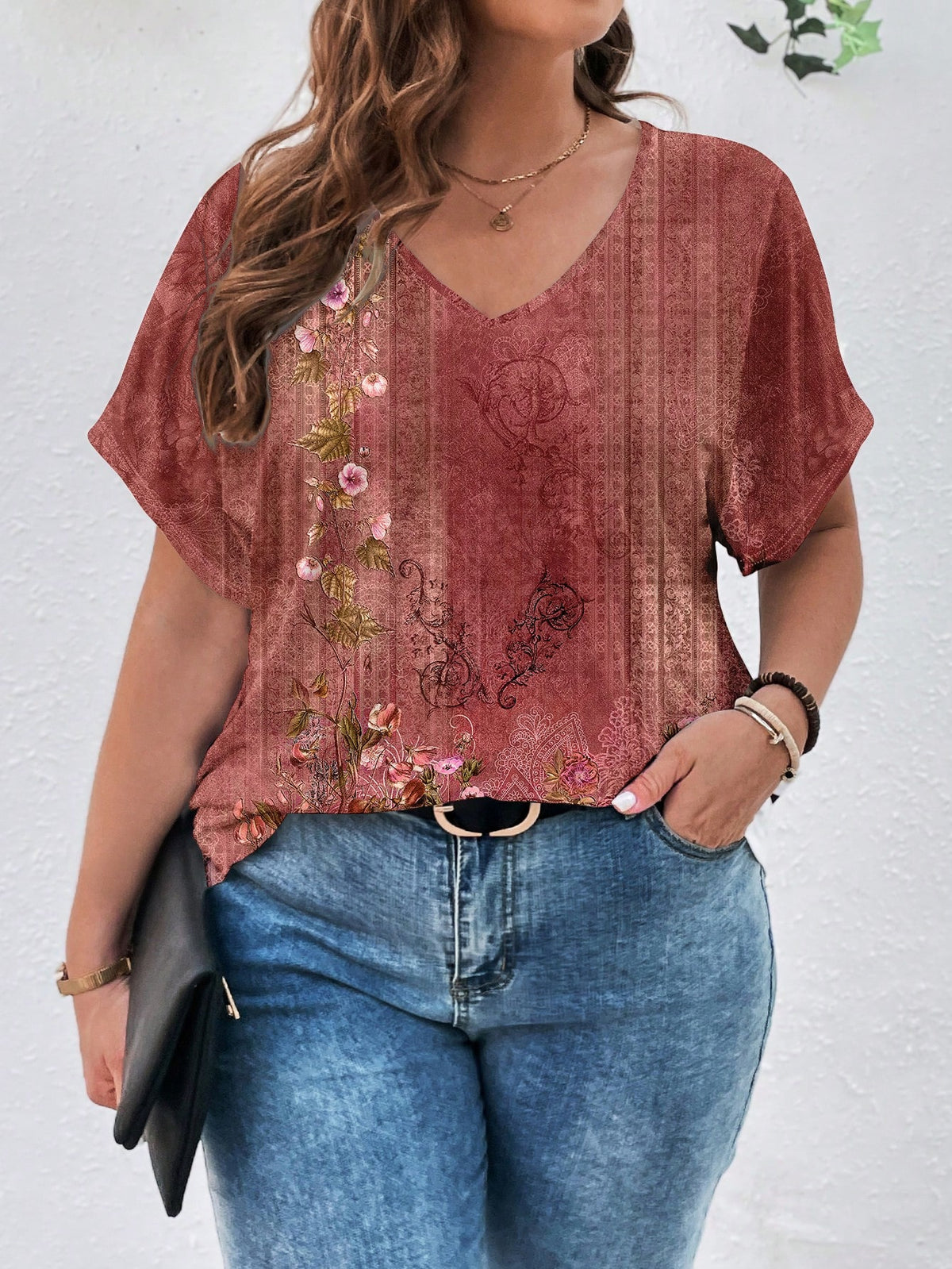 Women's Plus Size Casual V-Neck Short Sleeve T-Shirt
