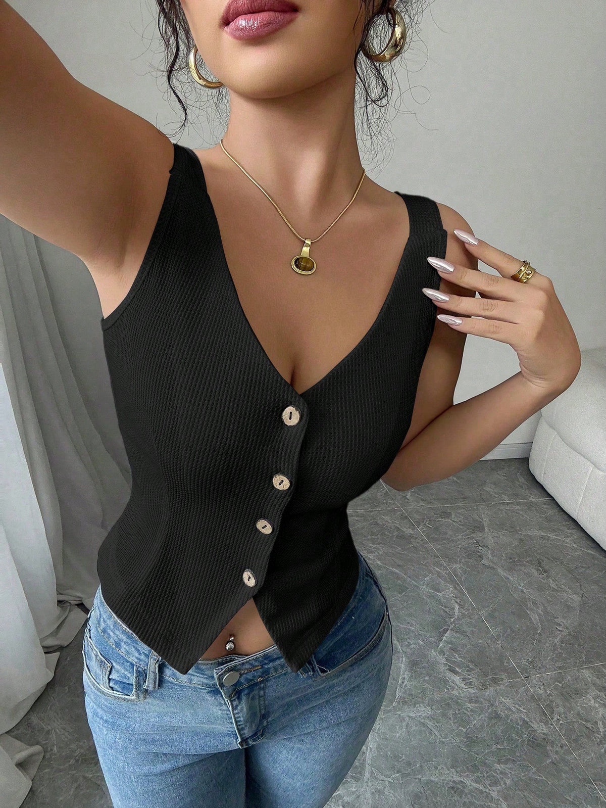 Women's Casual Slim Fit V-Neck Asymmetrical Rib-Knit Tank Top