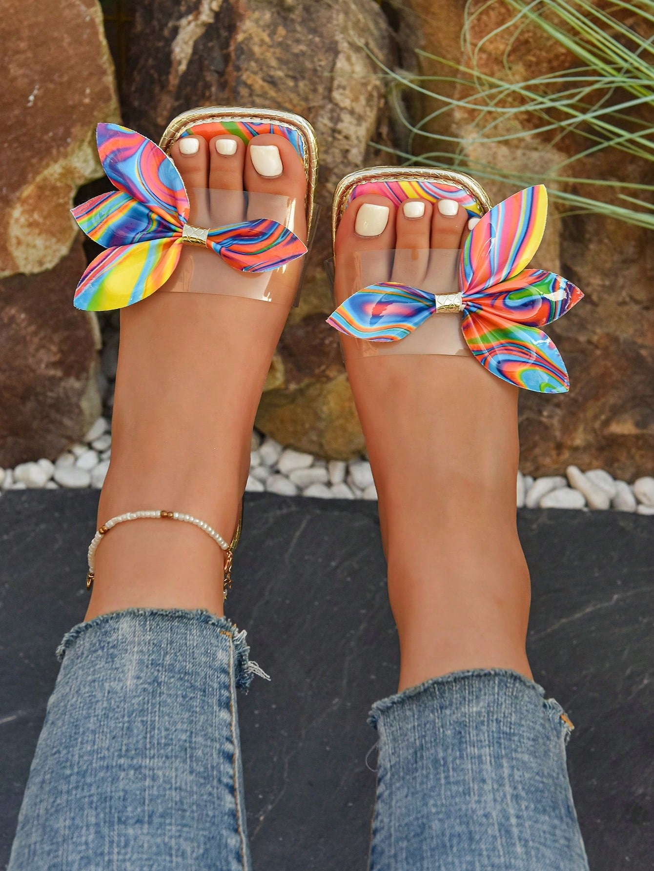 Women's Bohemian Rainbow Bow Beach Flat Sandals
