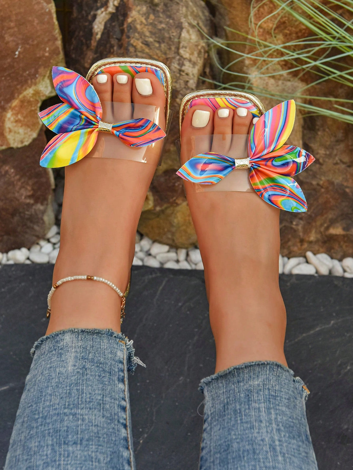 Women's Bohemian Rainbow Bow Beach Flat Sandals