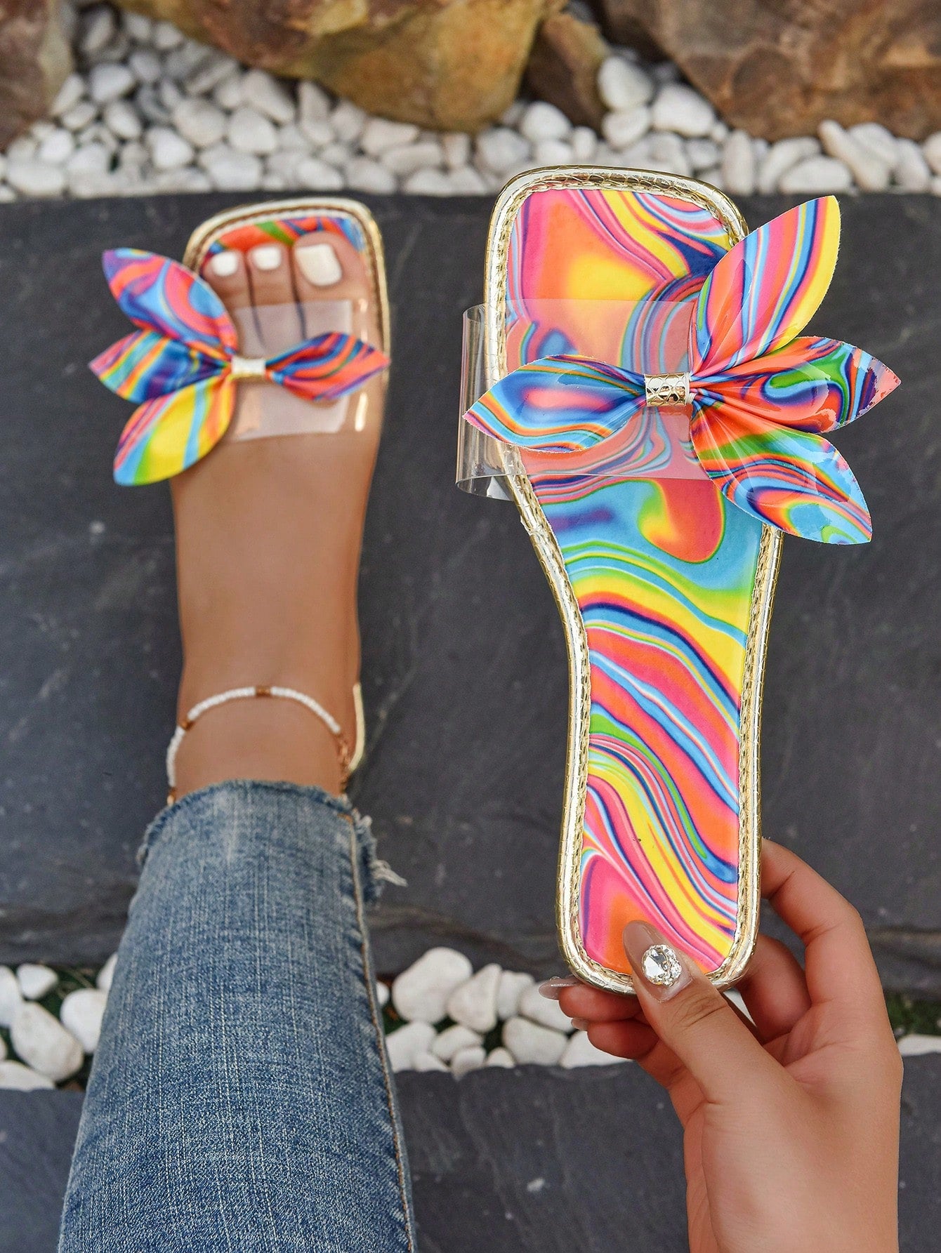 Women's Bohemian Rainbow Bow Beach Flat Sandals