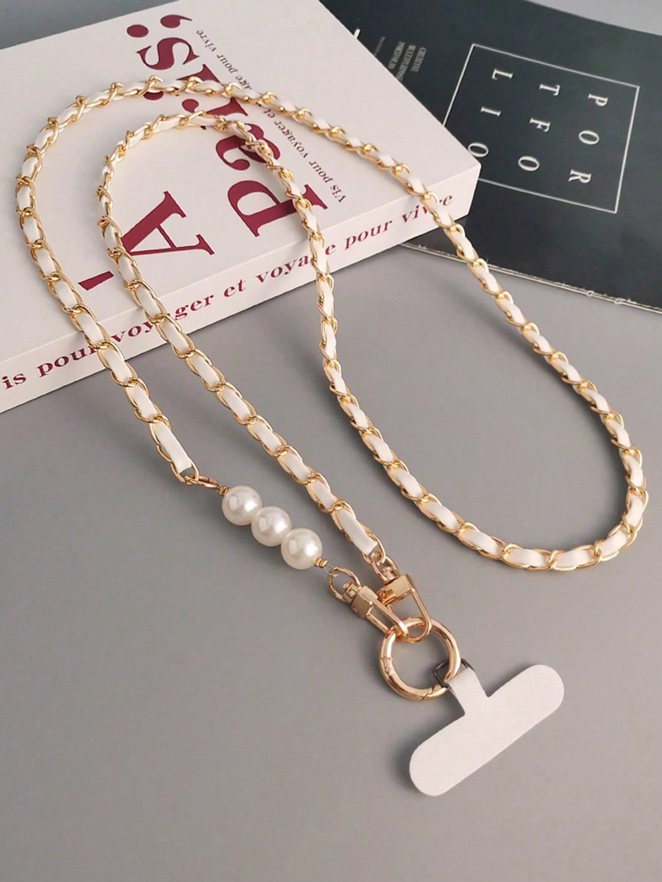 Pearl Lanyard Crossbody Phone Strap with Metal Chain