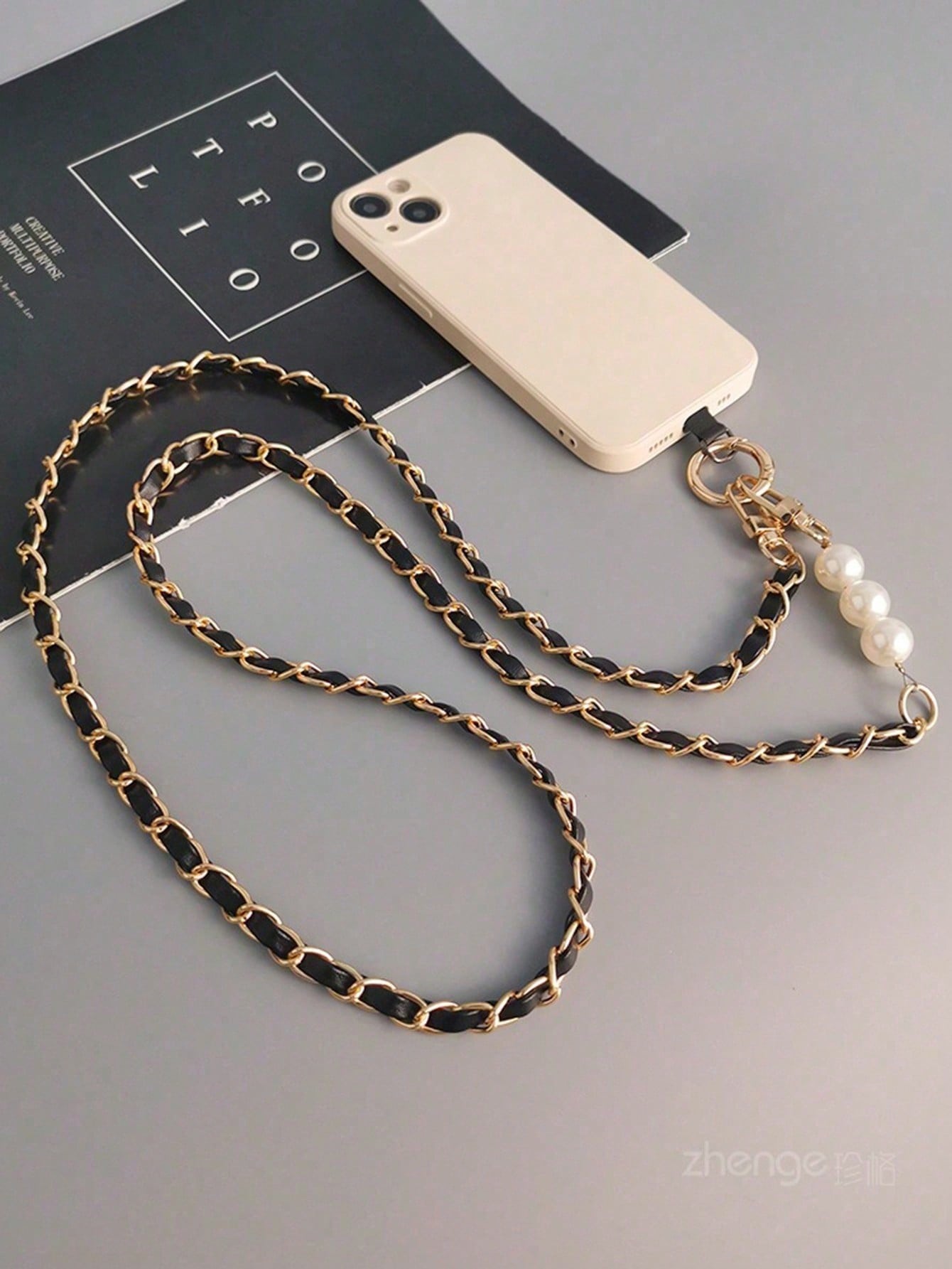 Pearl Lanyard Crossbody Phone Strap with Metal Chain