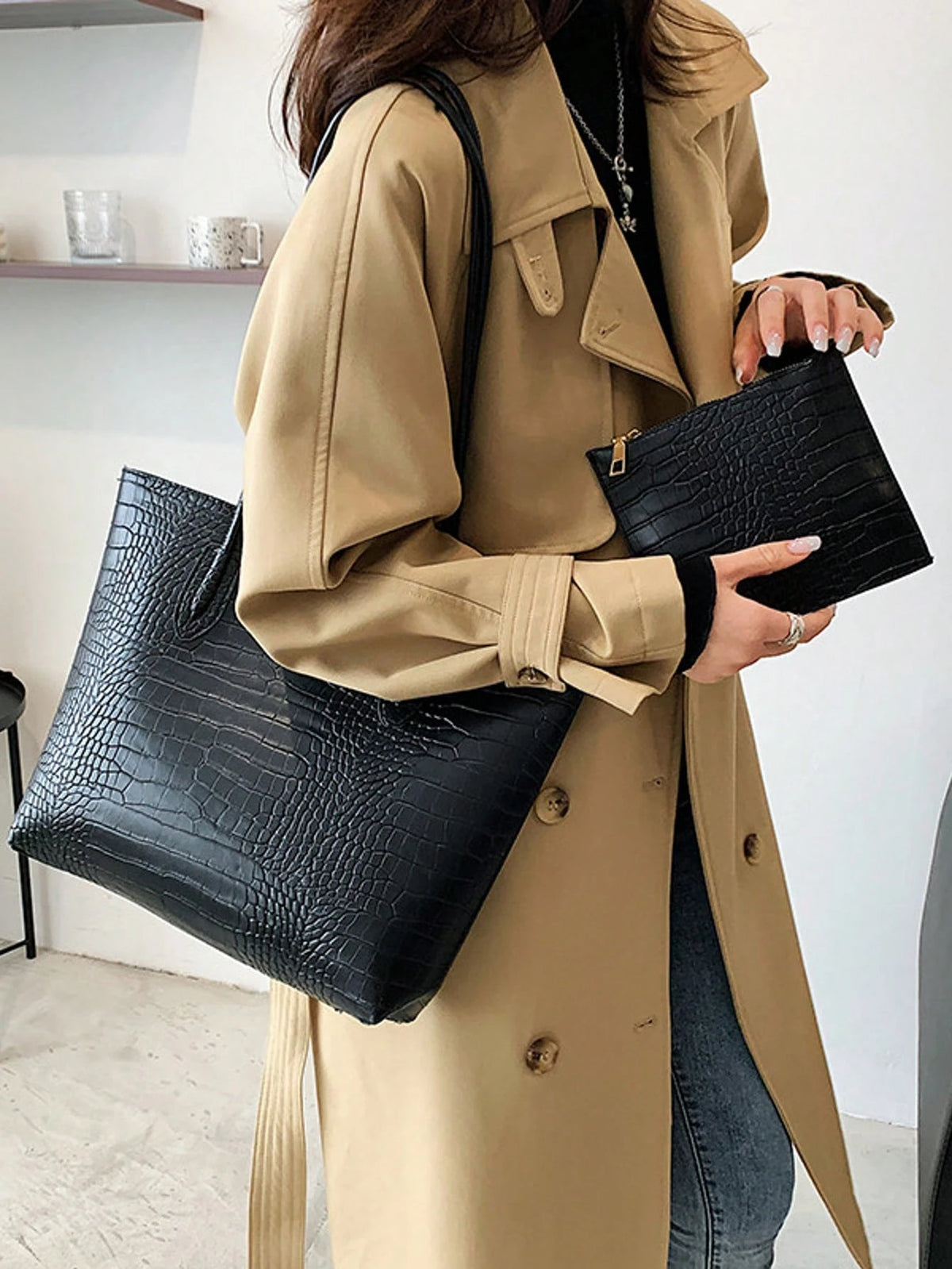 Women's Croc Embossed Shoulder Tote Bag Set Black