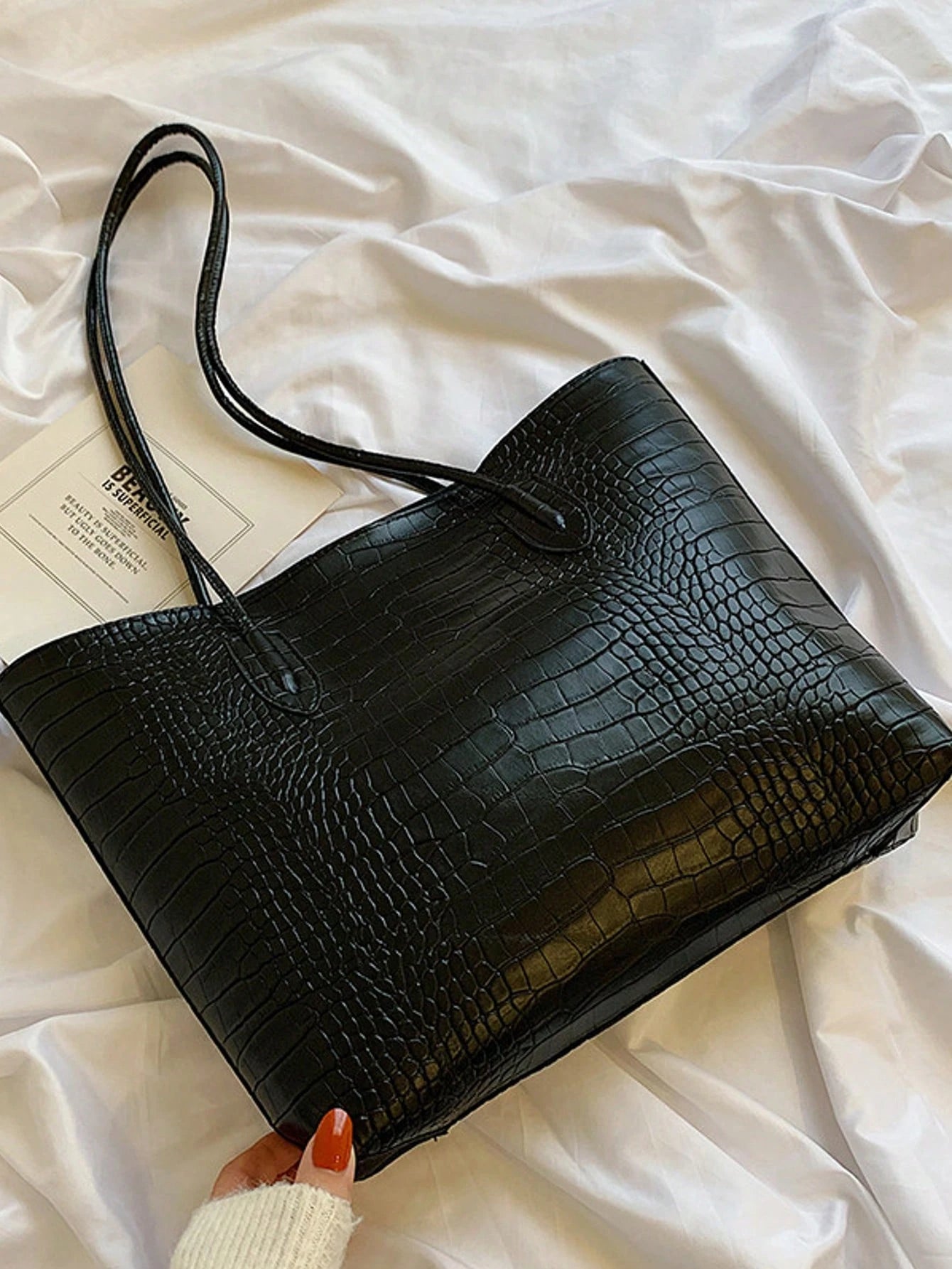 Women's Croc Embossed Shoulder Tote Bag Set Black