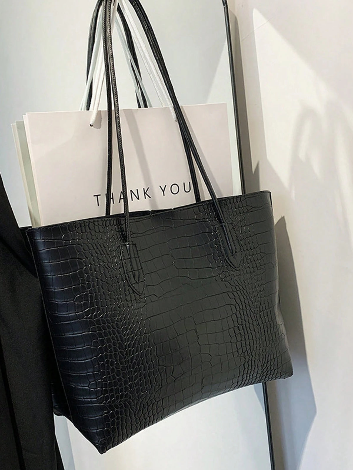 Women's Croc Embossed Shoulder Tote Bag Set Black