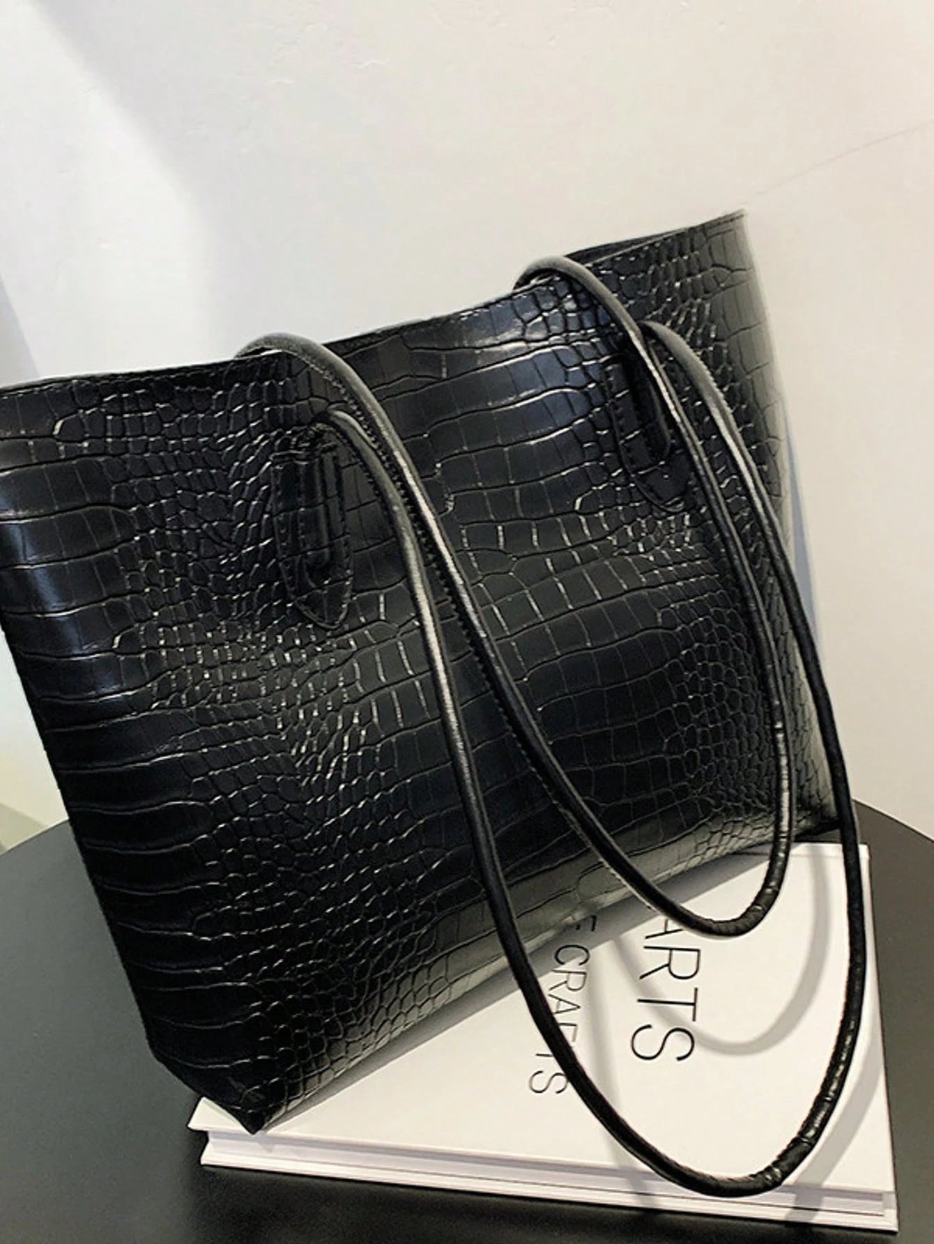 Women's Croc Embossed Shoulder Tote Bag Set Black