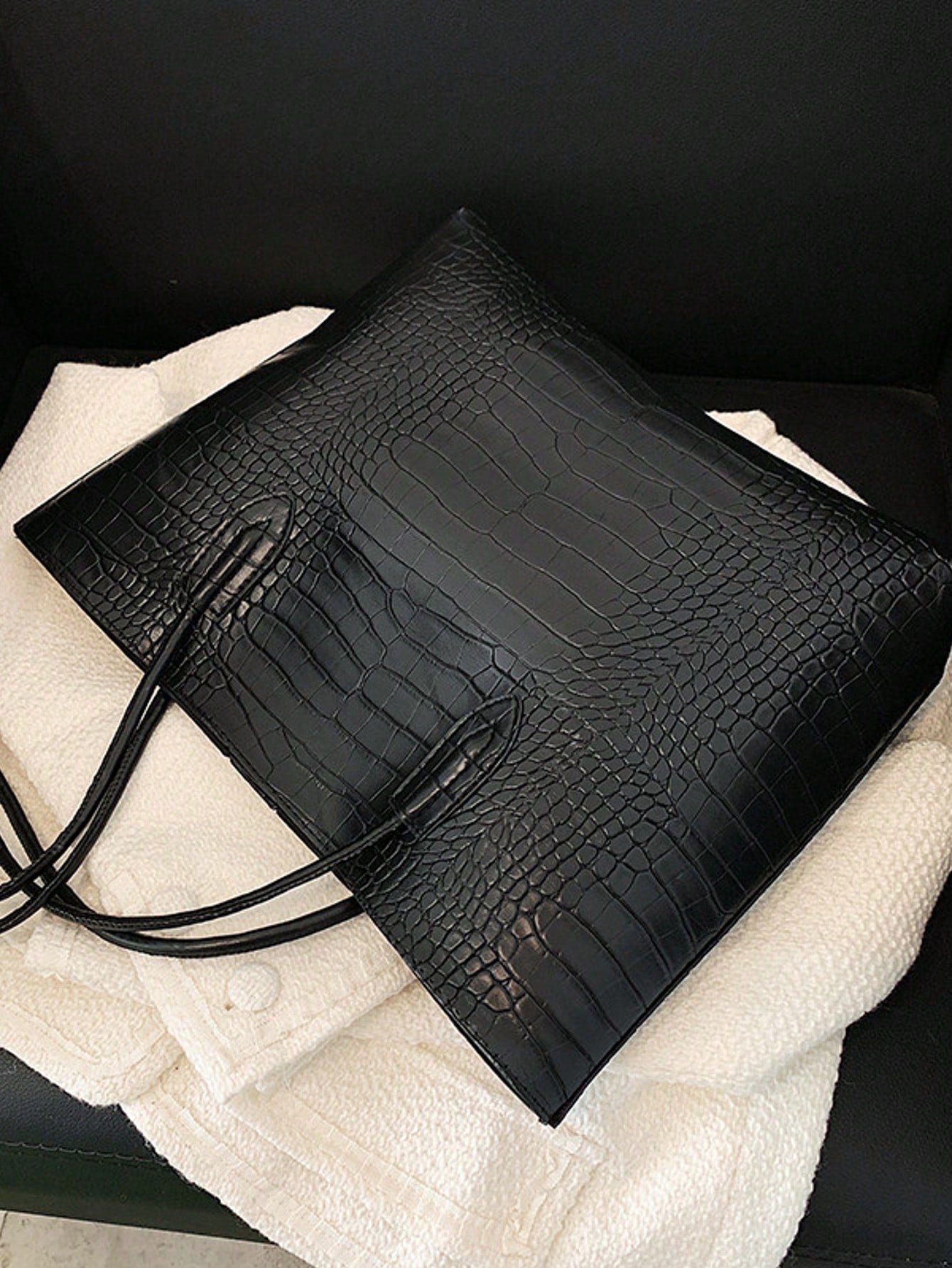Women's Croc Embossed Shoulder Tote Bag Set Black